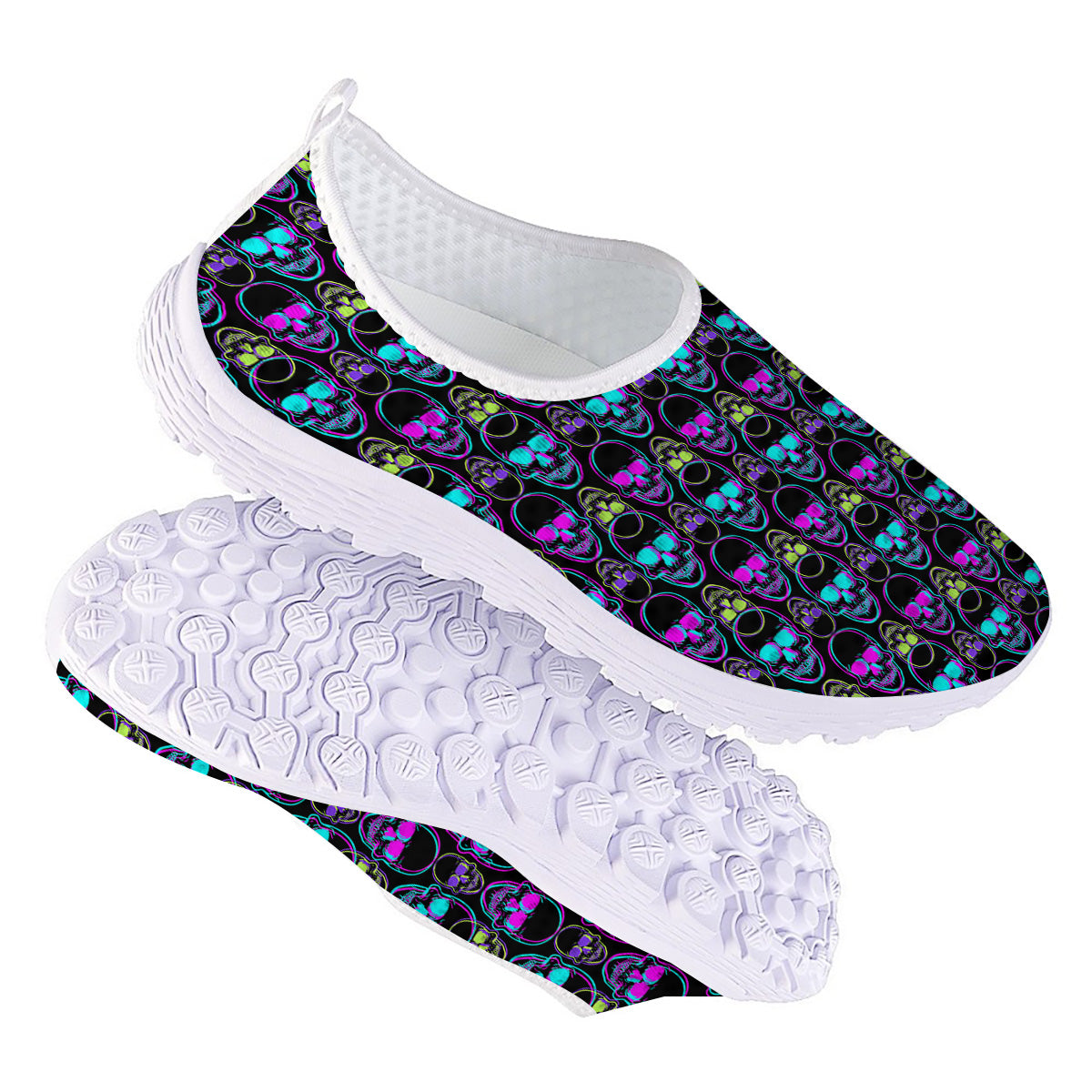 Skull Trippy Neon Print Pattern Nurse Shoes-grizzshop