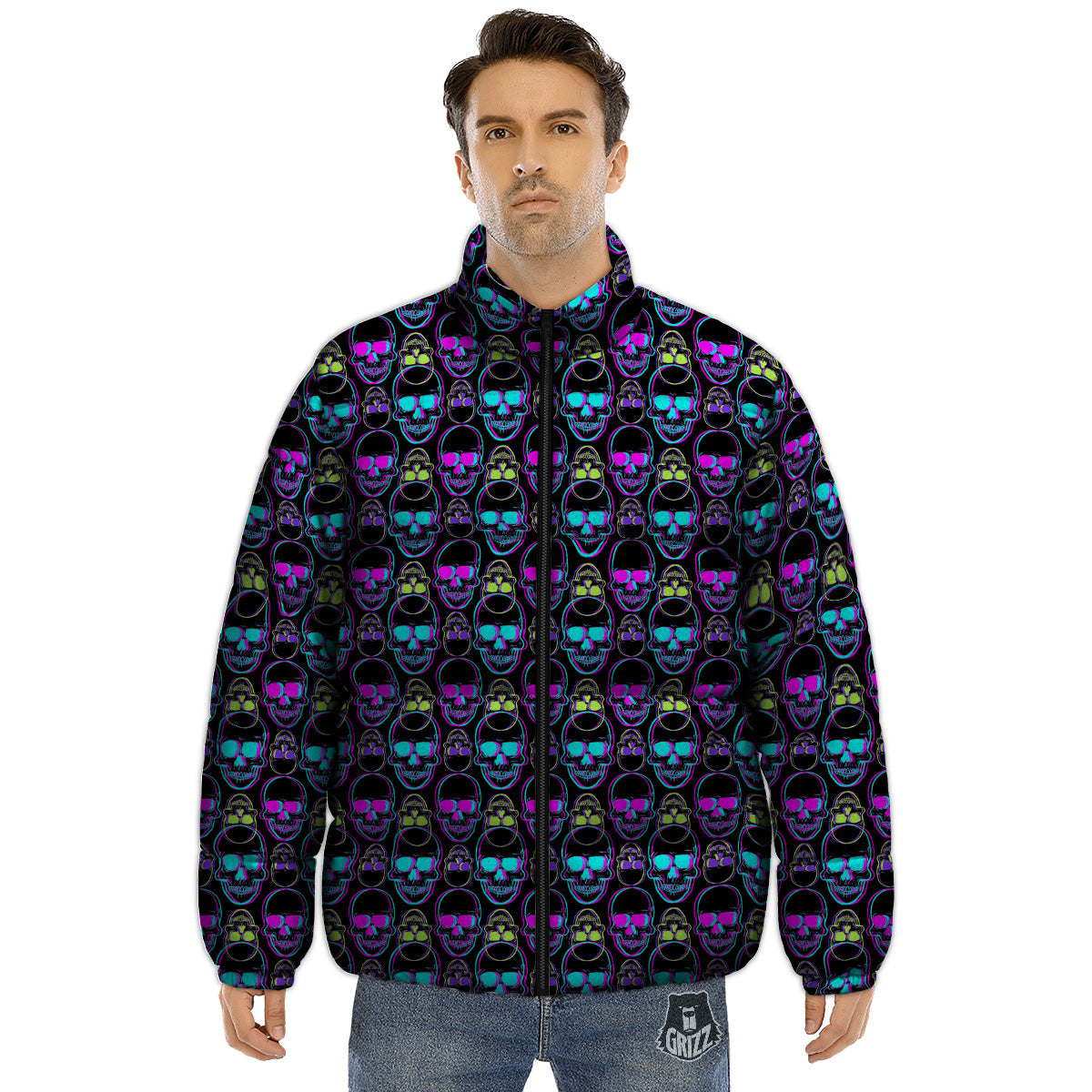 Skull Trippy Neon Print Pattern Puffer Jacket-grizzshop