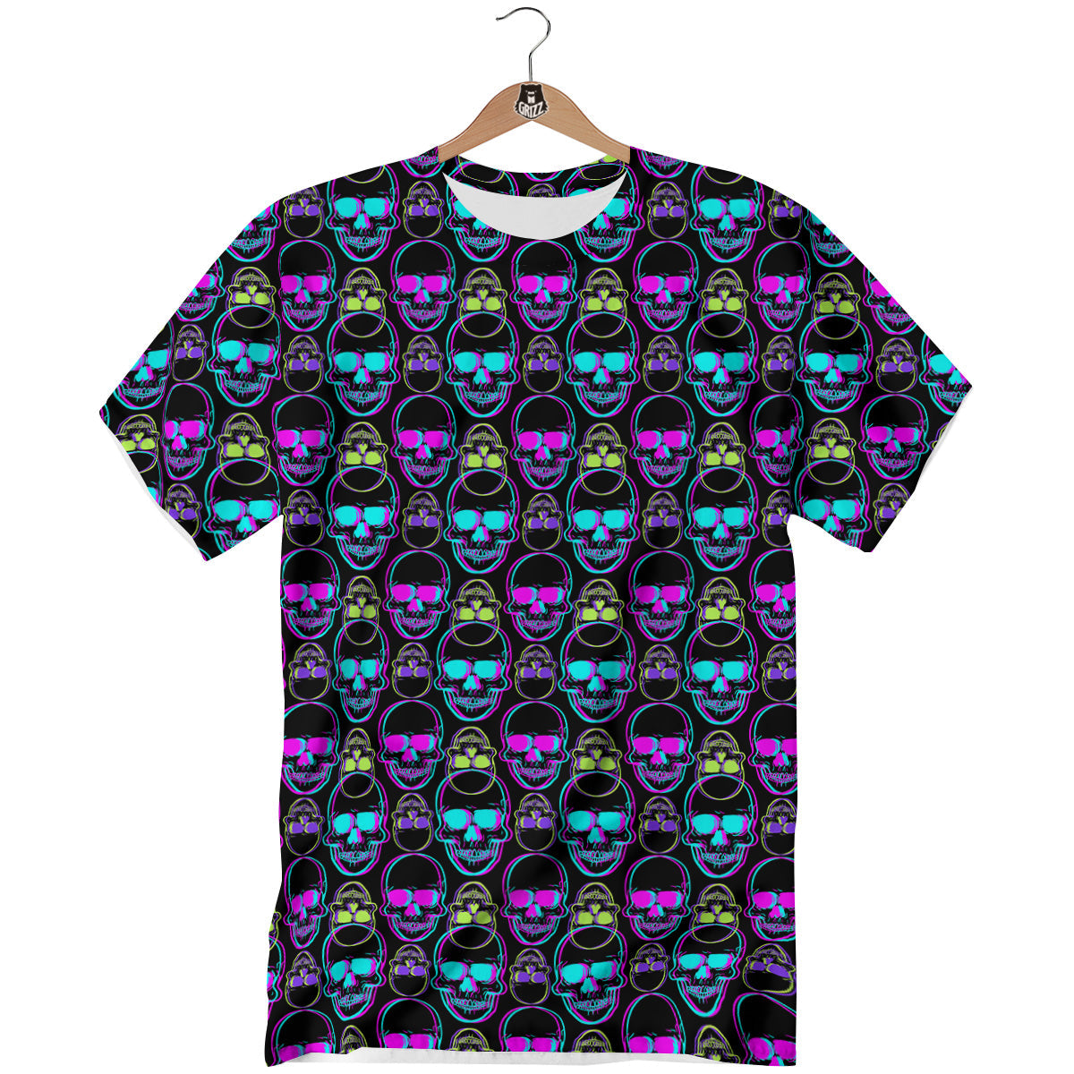 Skull Trippy Neon Print Pattern T-Shirt-grizzshop