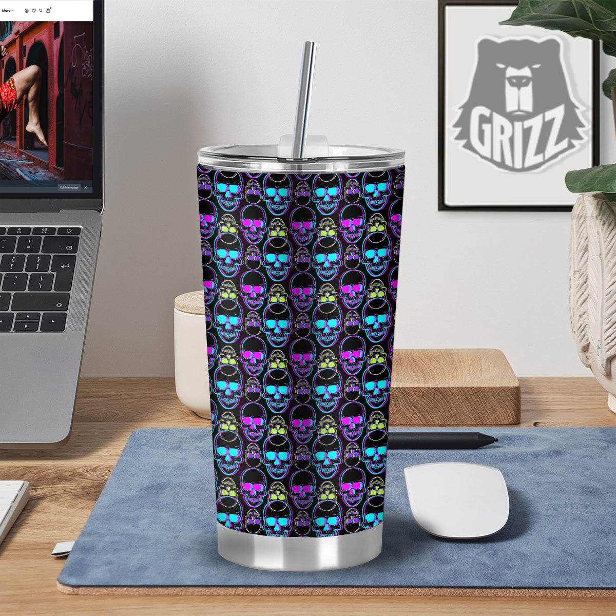 Skull Trippy Neon Print Pattern Tumbler-grizzshop