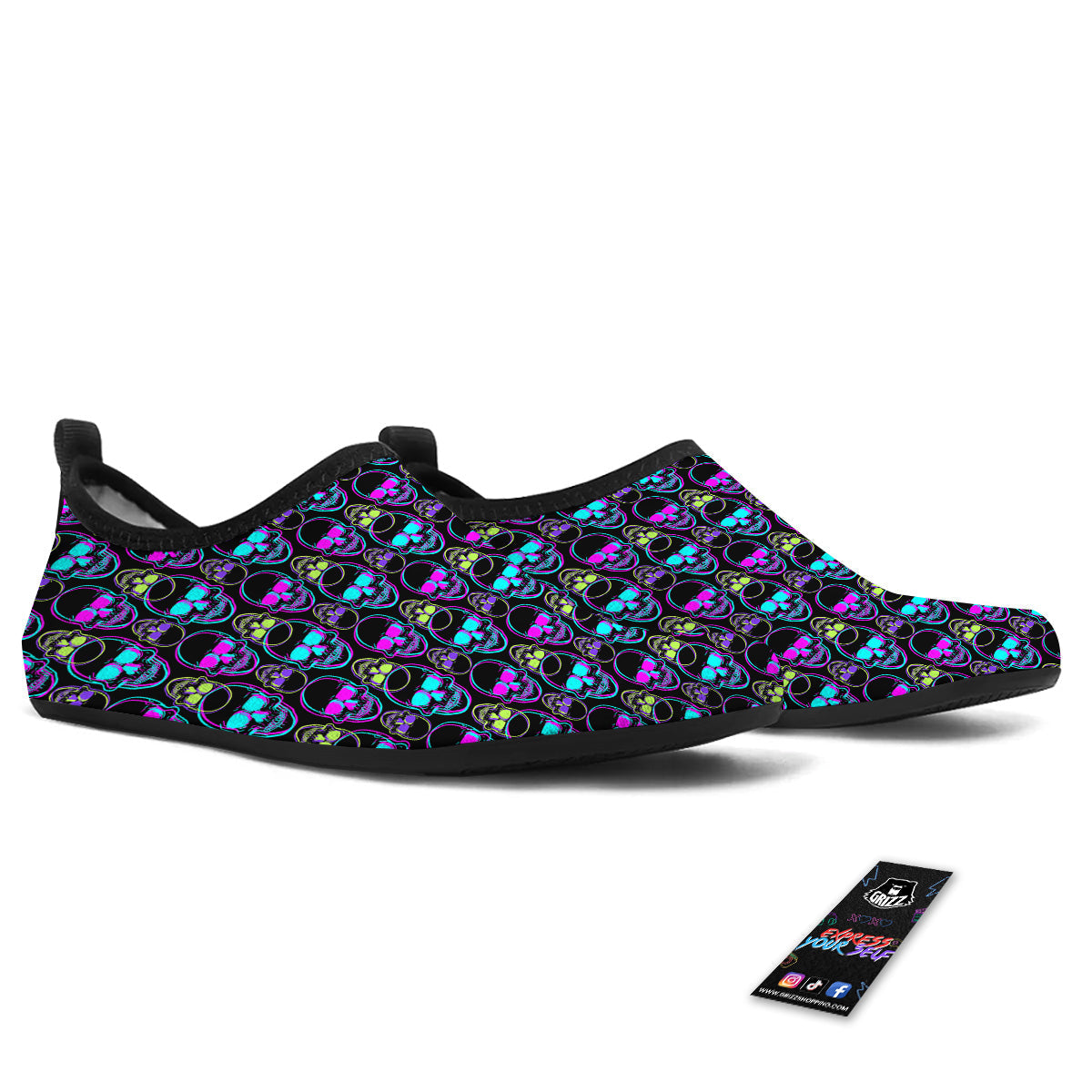 Skull Trippy Neon Print Pattern Water Shoes-grizzshop