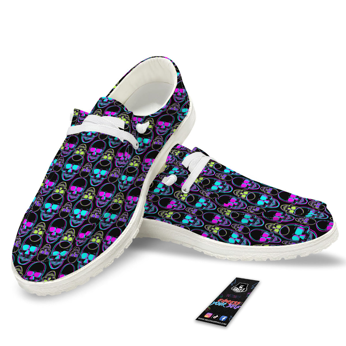 Skull Trippy Neon Print Pattern White Loafers-grizzshop