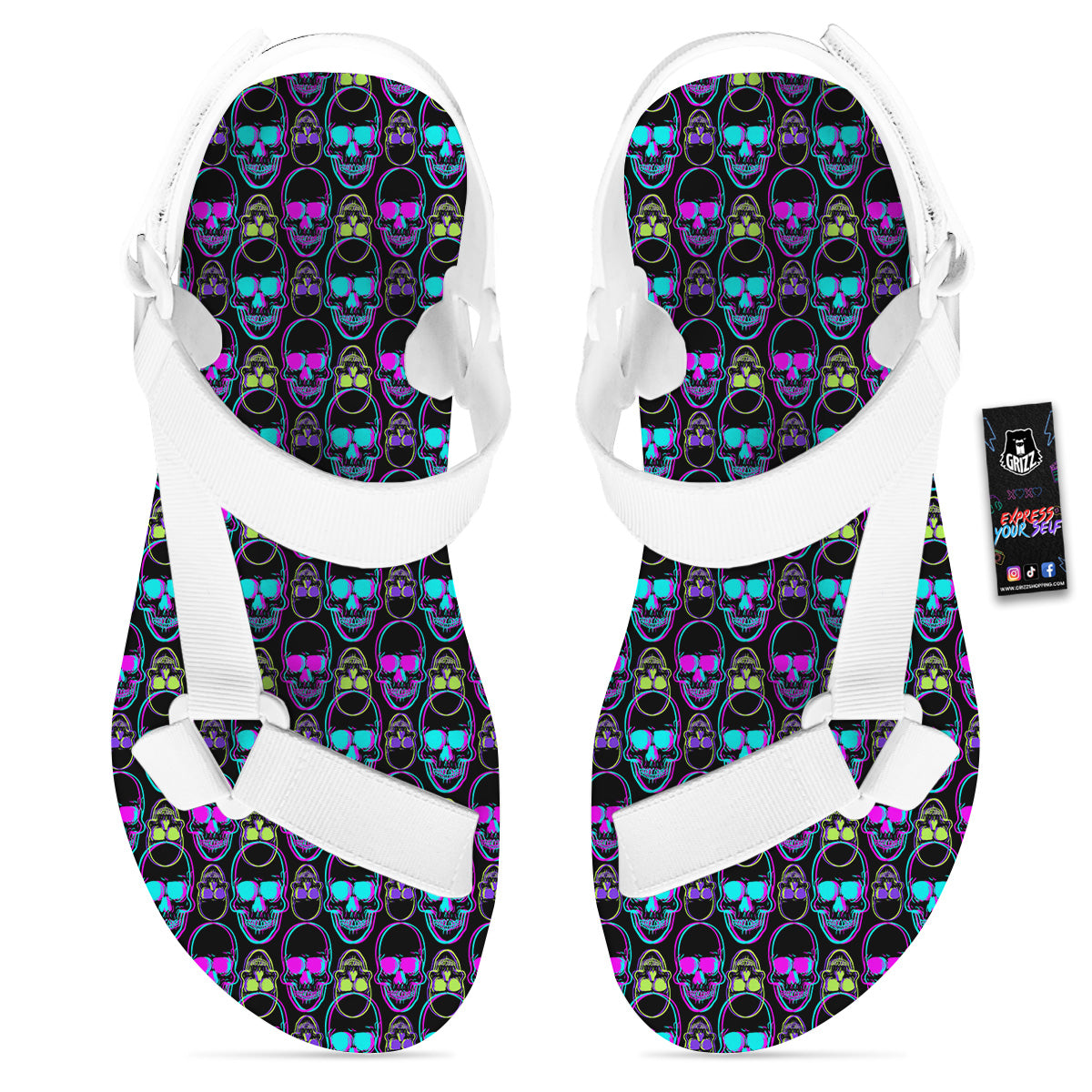 Skull Trippy Neon Print Pattern White Open Toe Sandals-grizzshop