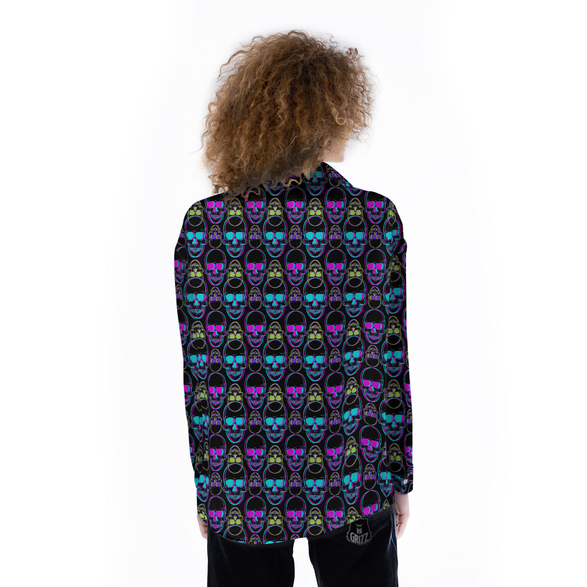 Skull Trippy Neon Print Pattern Women's Long Sleeve Shirts-grizzshop