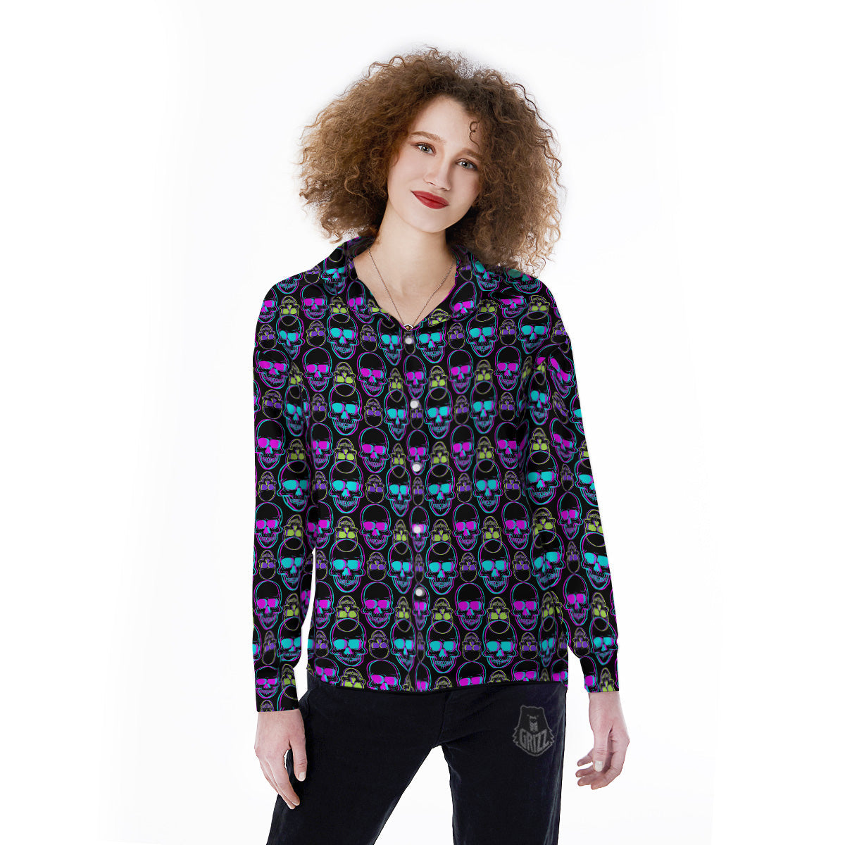 Skull Trippy Neon Print Pattern Women's Long Sleeve Shirts-grizzshop