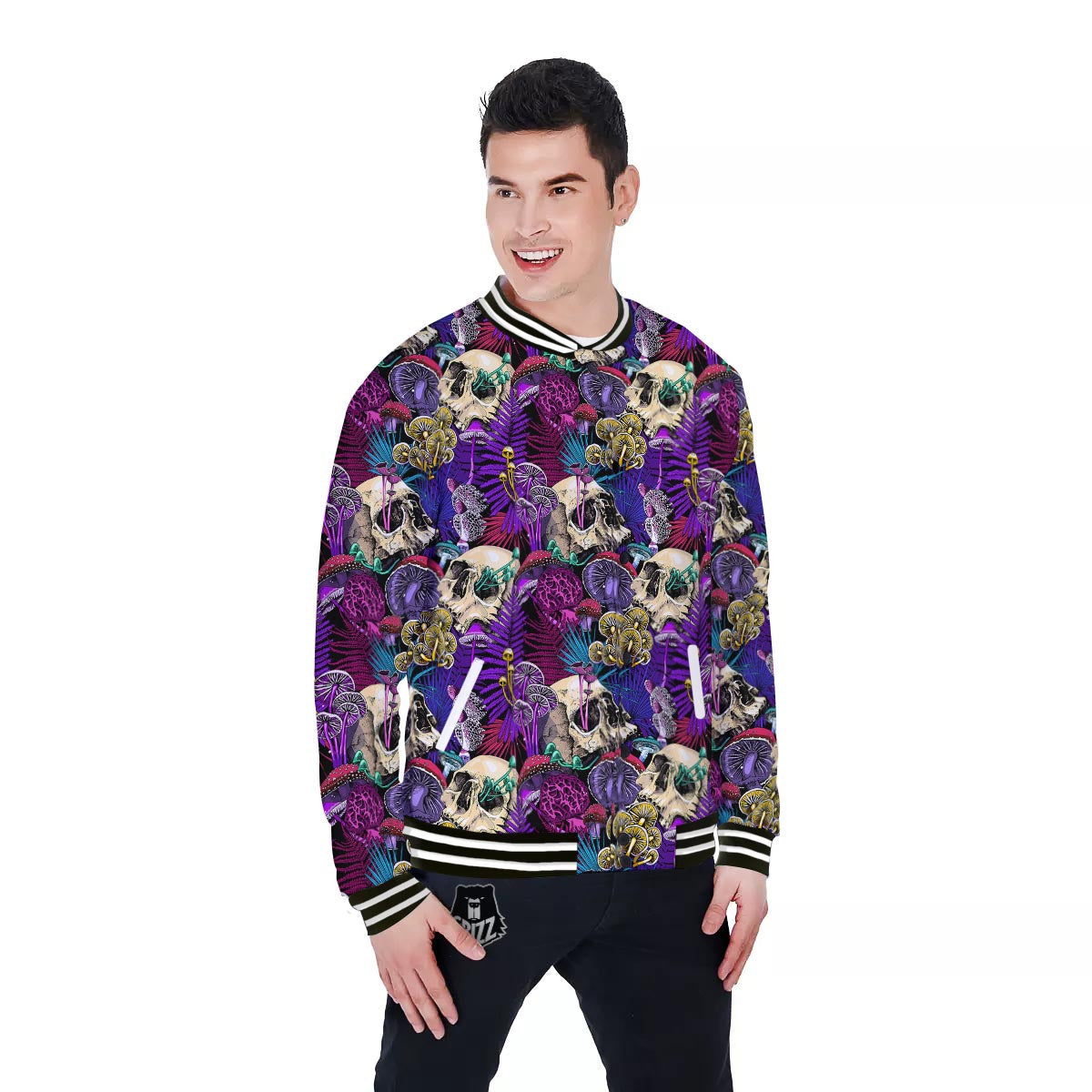 Skull Trippy Print Pattern Baseball Jacket-grizzshop
