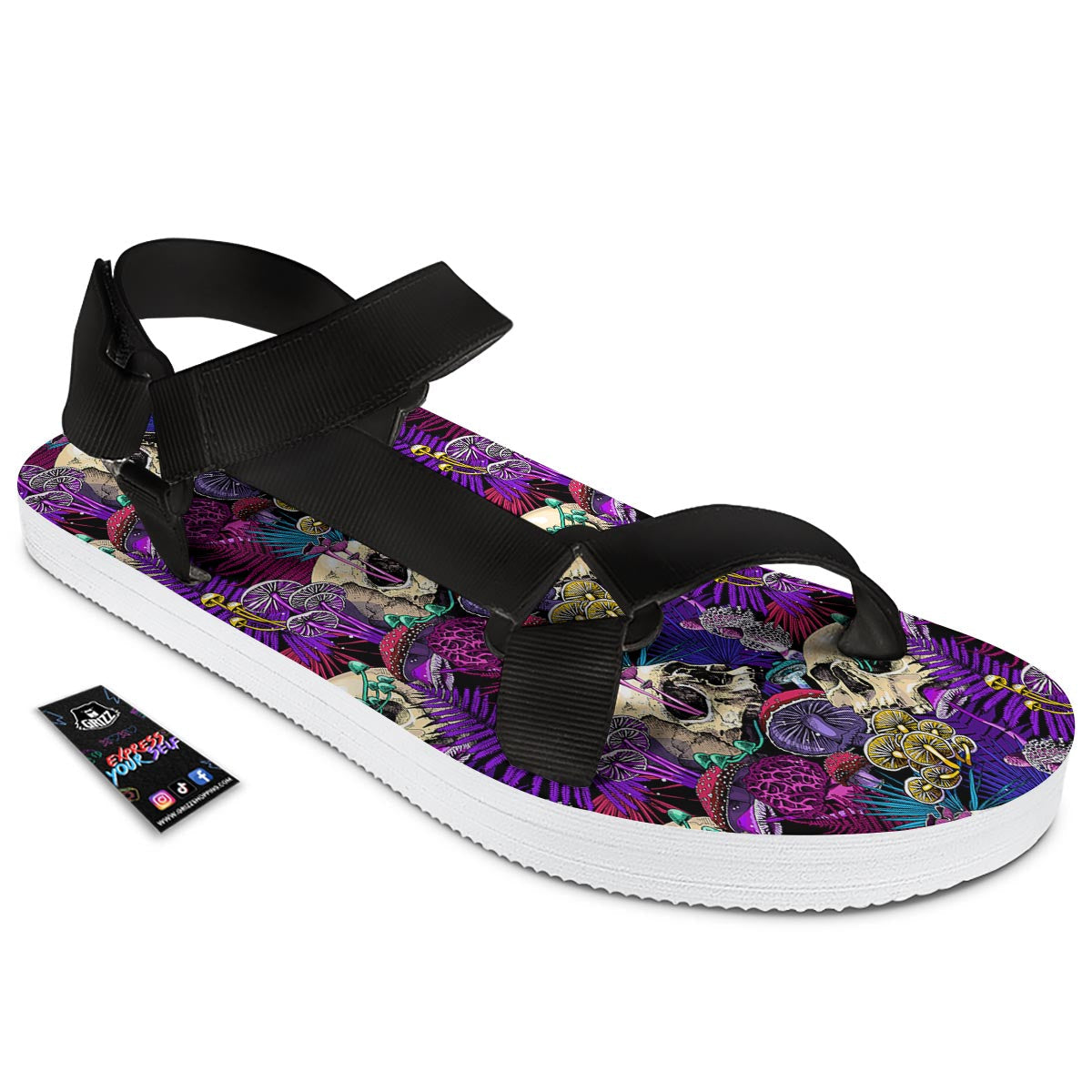Skull Trippy Print Pattern Black Open Toe Sandals-grizzshop
