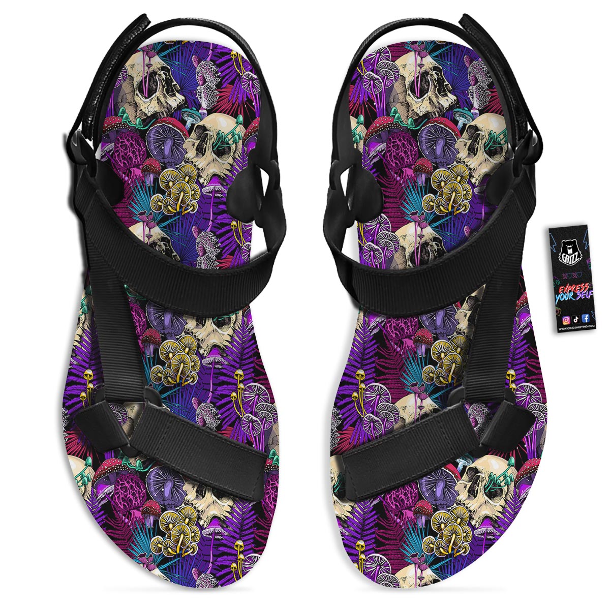 Skull Trippy Print Pattern Black Open Toe Sandals-grizzshop