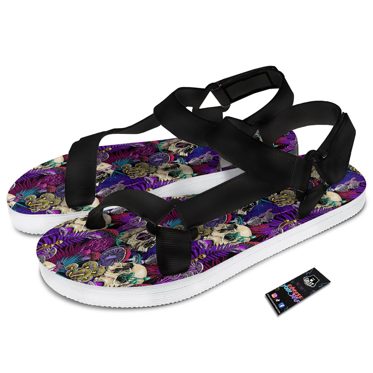 Skull Trippy Print Pattern Black Open Toe Sandals-grizzshop