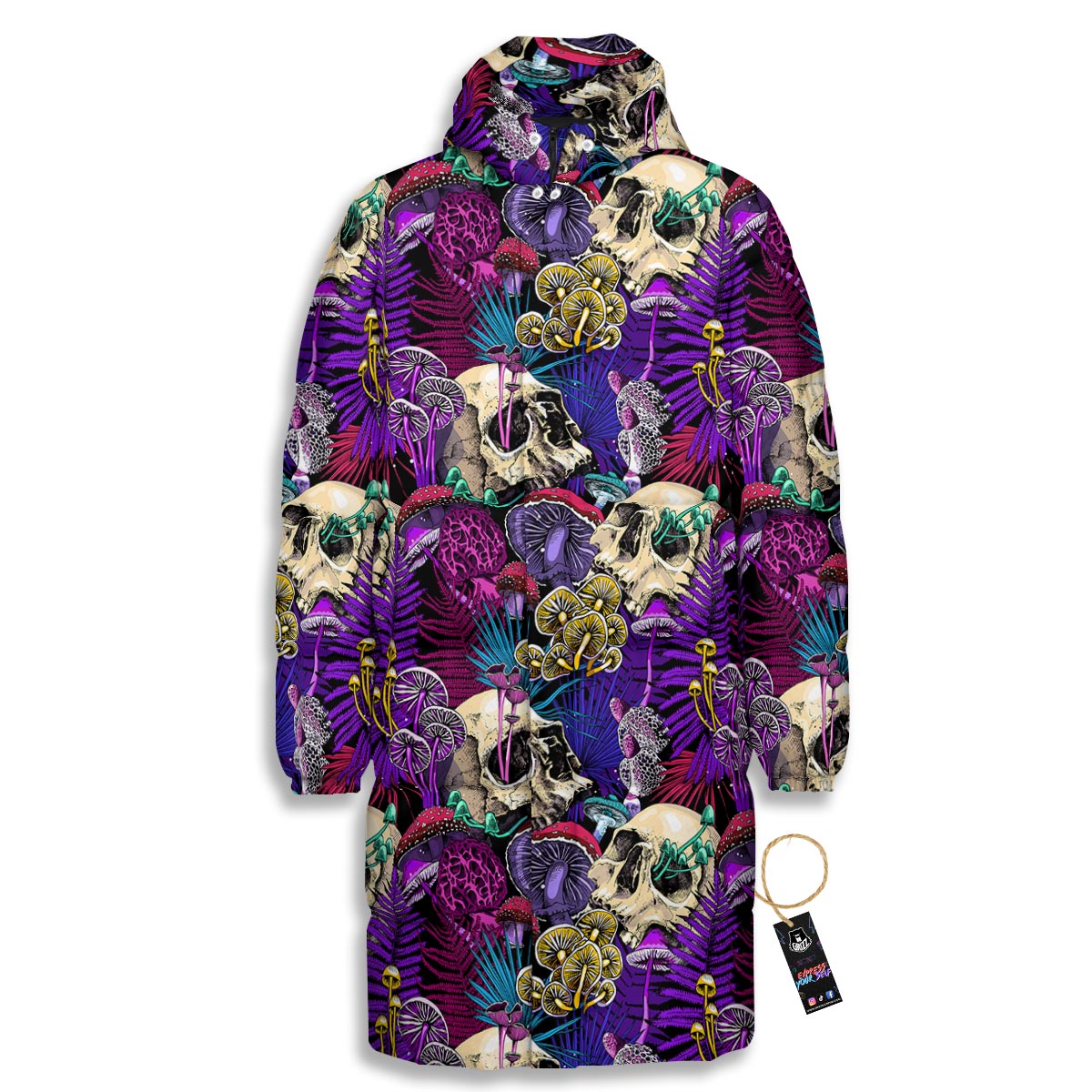 Skull Trippy Print Pattern Long Down Jacket-grizzshop
