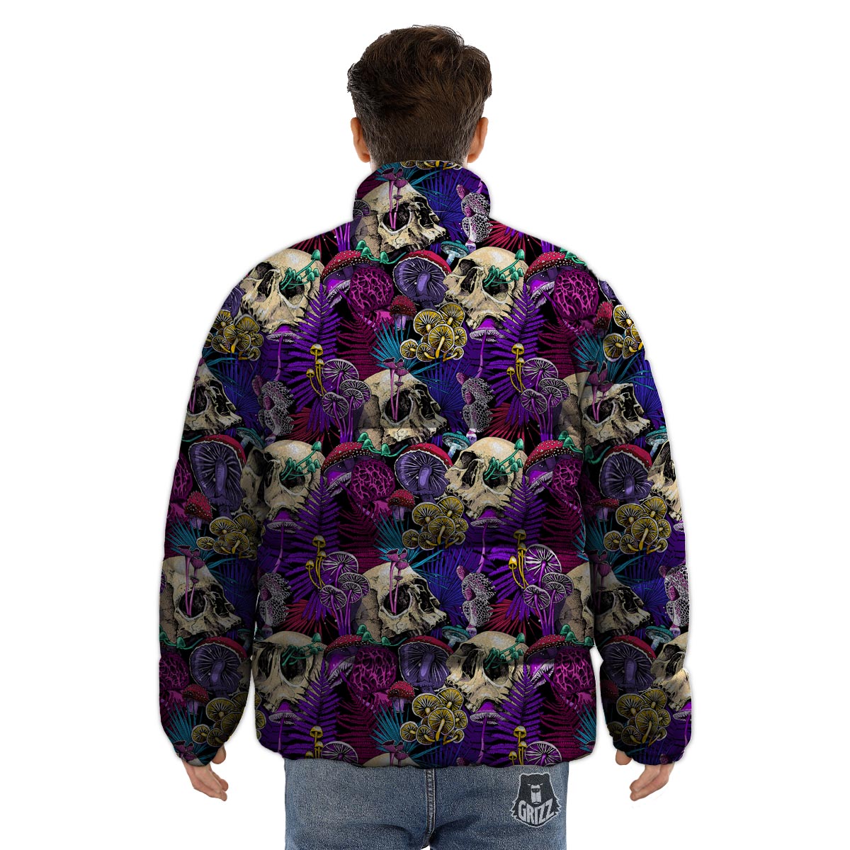 Skull Trippy Print Pattern Puffer Jacket-grizzshop