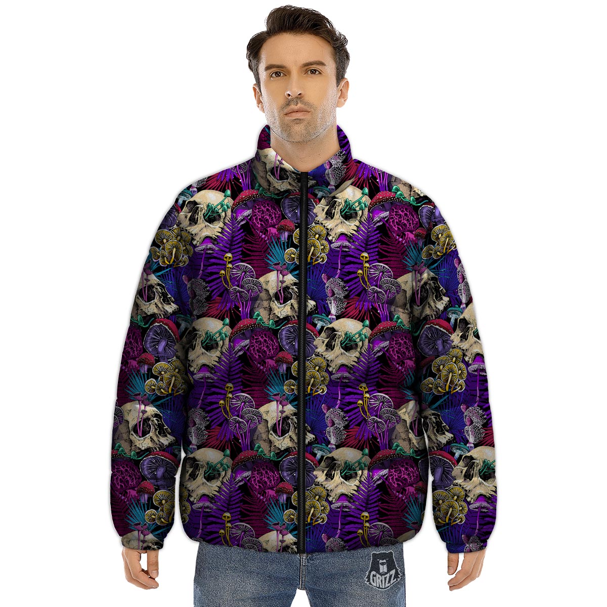 Skull Trippy Print Pattern Puffer Jacket-grizzshop