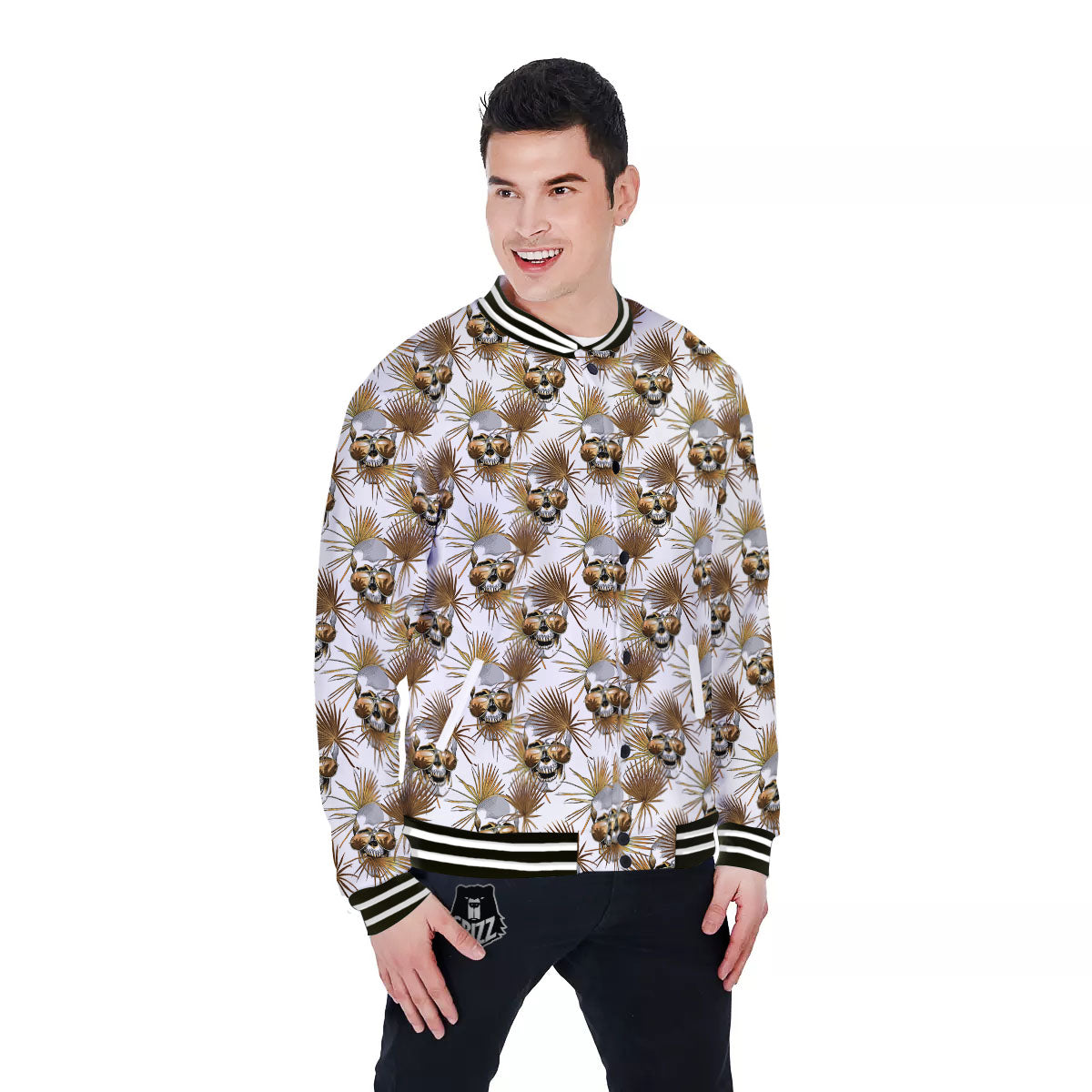 Skull Tropical Gold Print Pattern Baseball Jacket-grizzshop