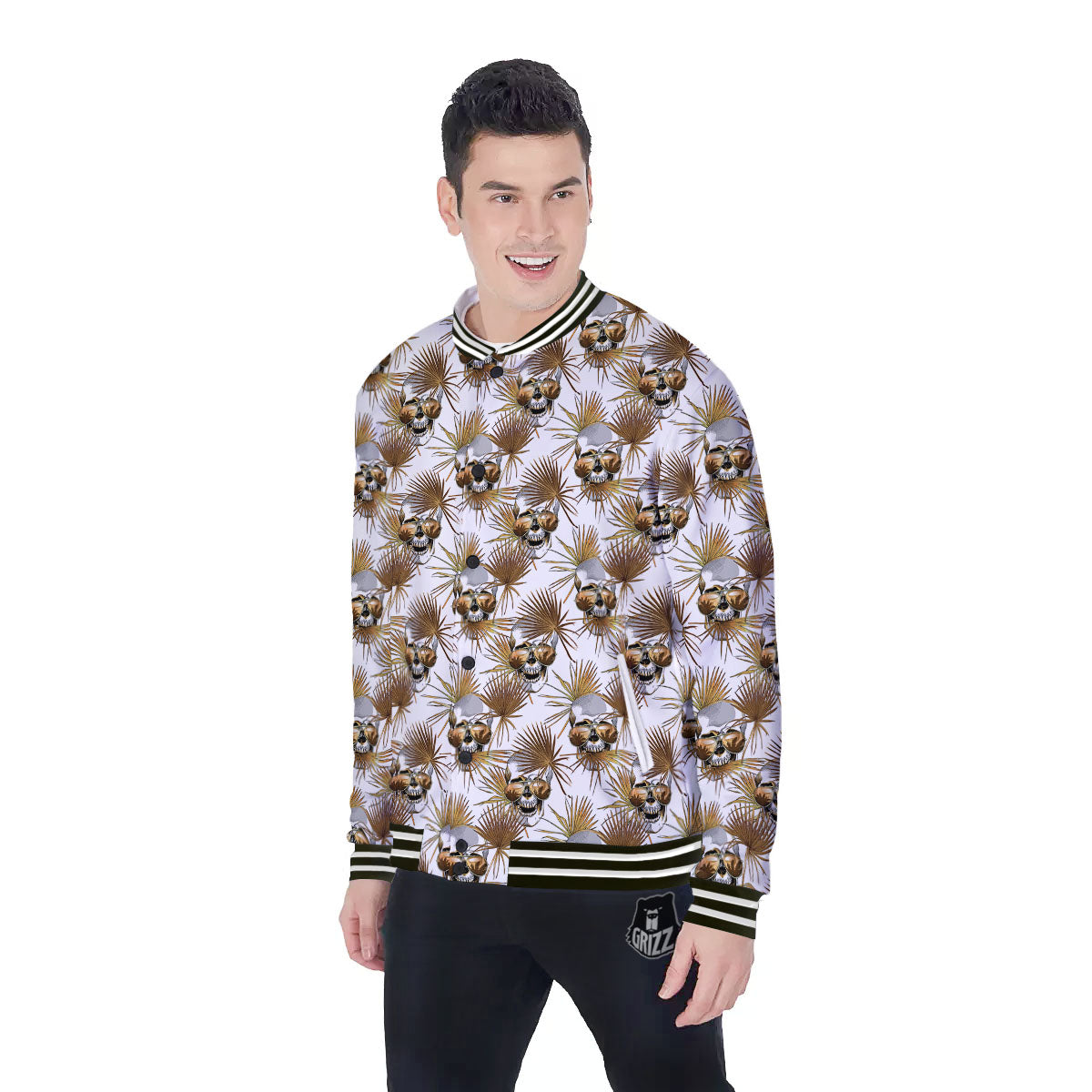 Skull Tropical Gold Print Pattern Baseball Jacket-grizzshop