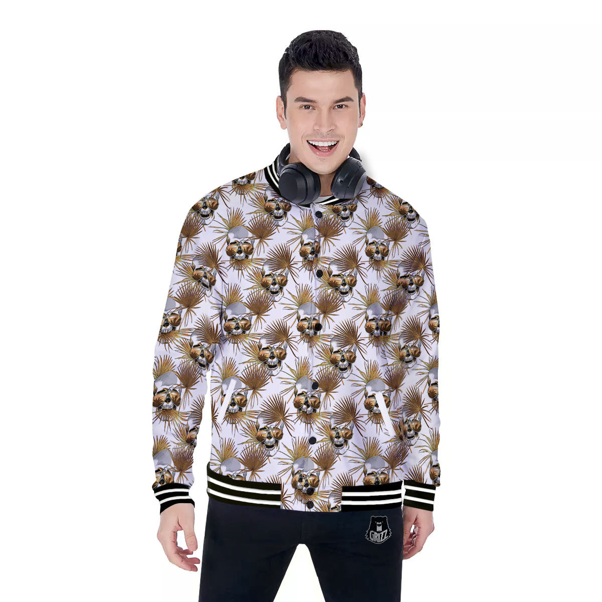 Skull Tropical Gold Print Pattern Baseball Jacket-grizzshop