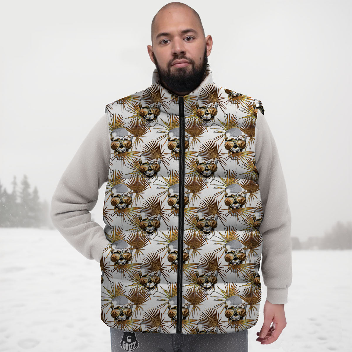 Skull Tropical Gold Print Pattern Down Vest-grizzshop