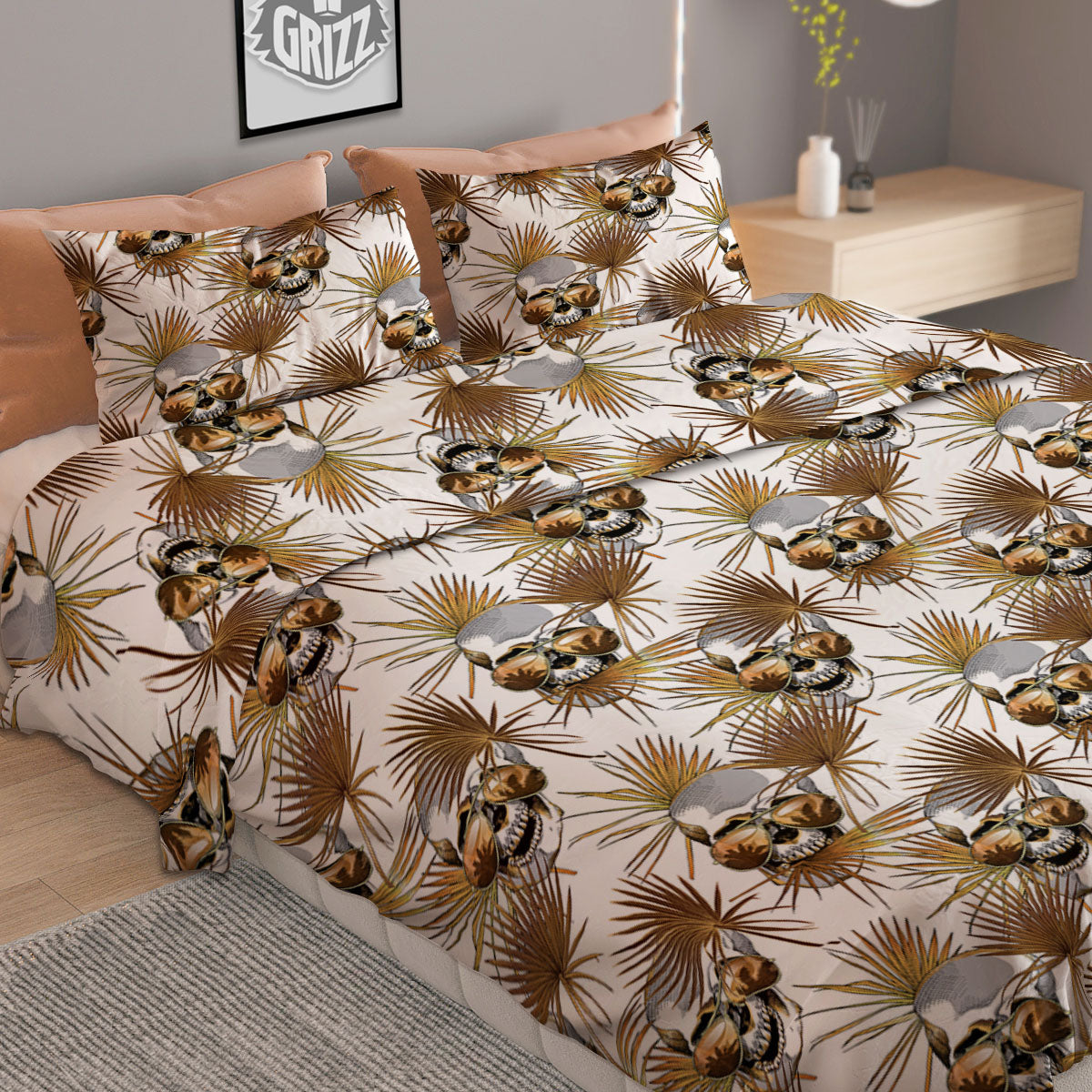 Skull Tropical Gold Print Pattern Duvet Cover Bedding Set