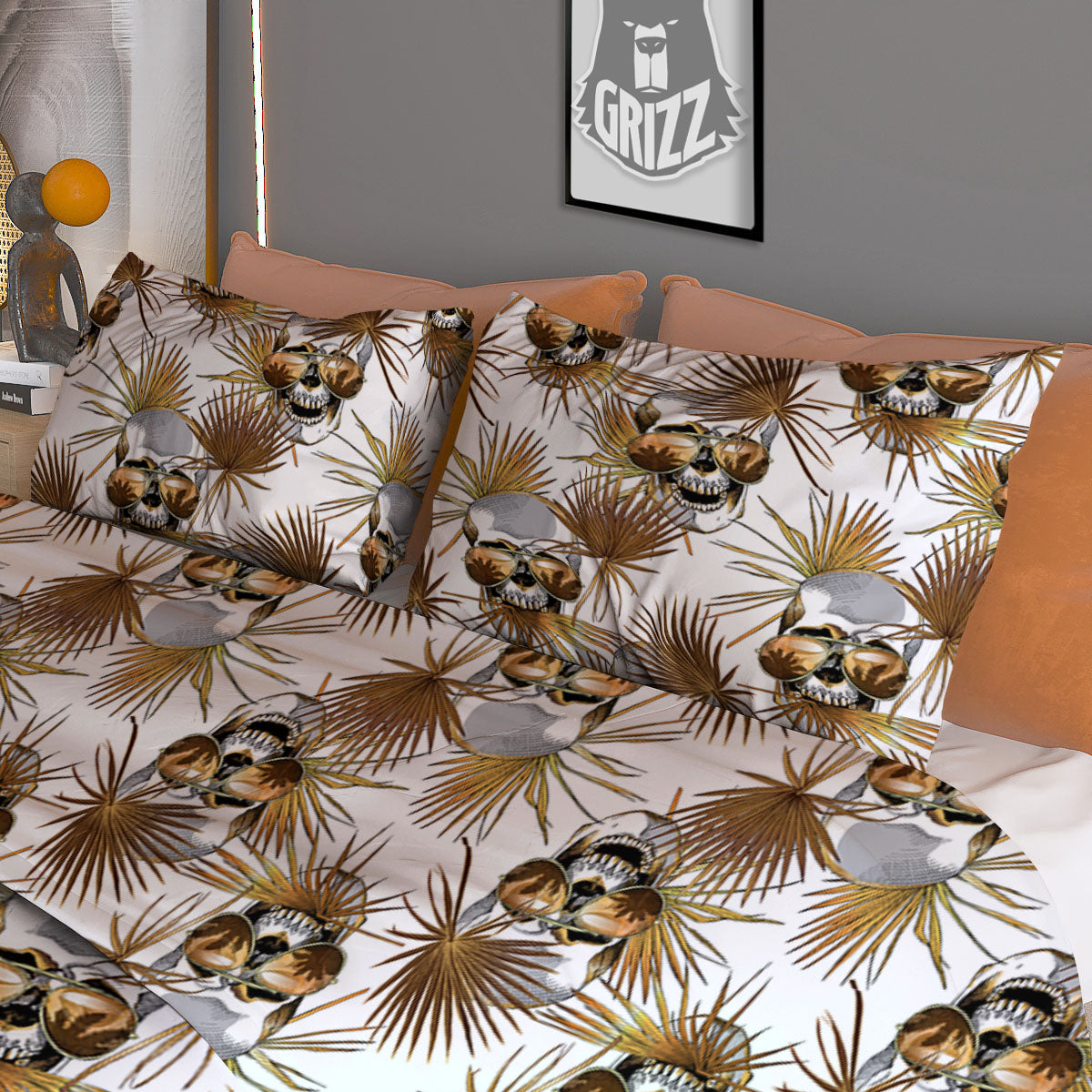 Skull Tropical Gold Print Pattern Duvet Cover Bedding Set