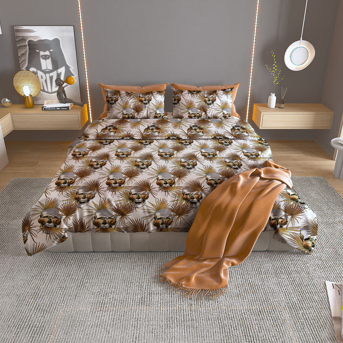 Skull Tropical Gold Print Pattern Duvet Cover Bedding Set