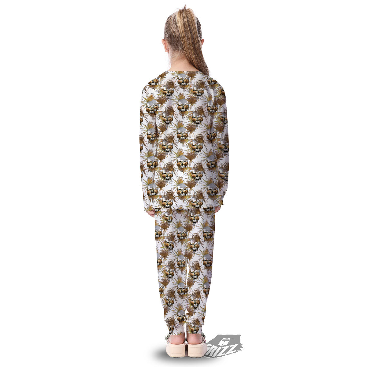 Skull Tropical Gold Print Pattern Kid's Pajamas-grizzshop