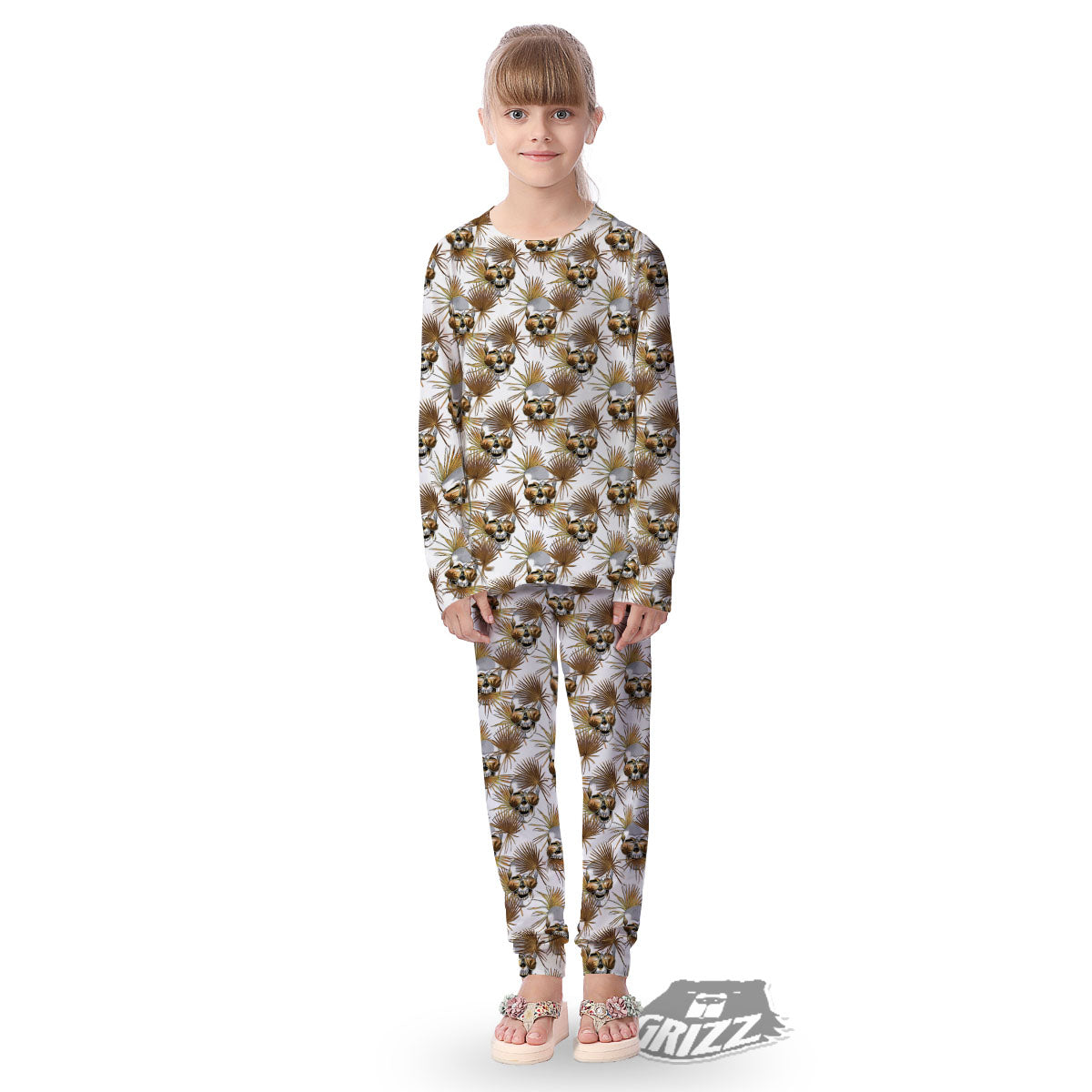 Skull Tropical Gold Print Pattern Kid's Pajamas-grizzshop