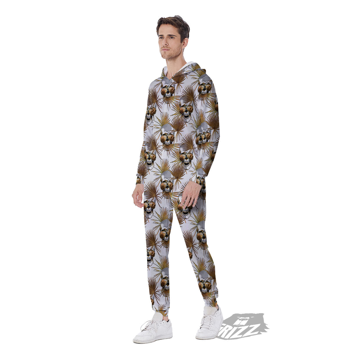 Skull Tropical Gold Print Pattern Men's Jumpsuit-grizzshop