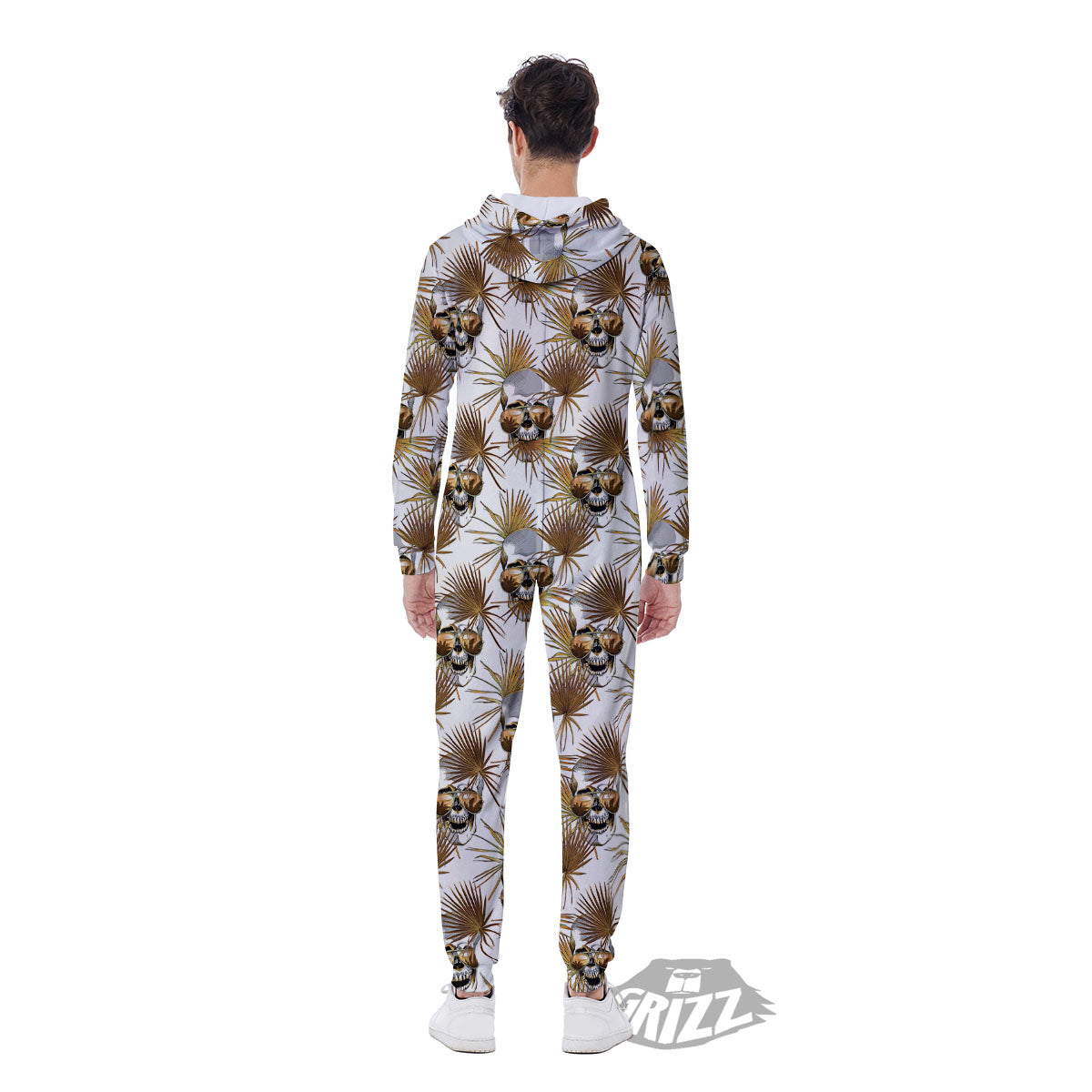 Skull Tropical Gold Print Pattern Men's Jumpsuit-grizzshop