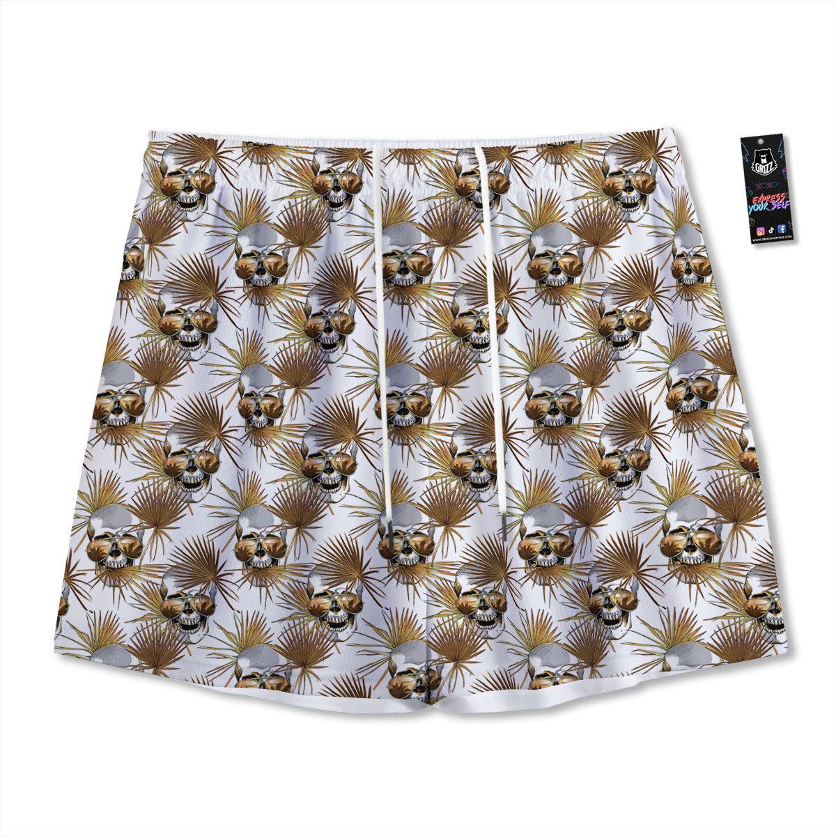Skull Tropical Gold Print Pattern Mesh Shorts