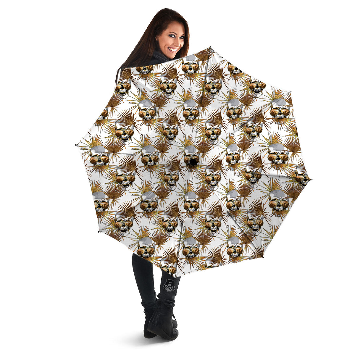 Skull Tropical Gold Print Pattern Umbrella-grizzshop