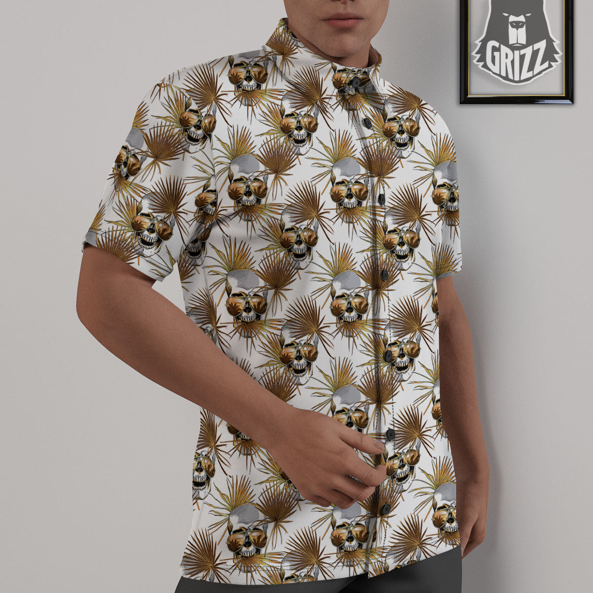 Skull Tropical Gold Print Pattern Untucked Shirts-grizzshop