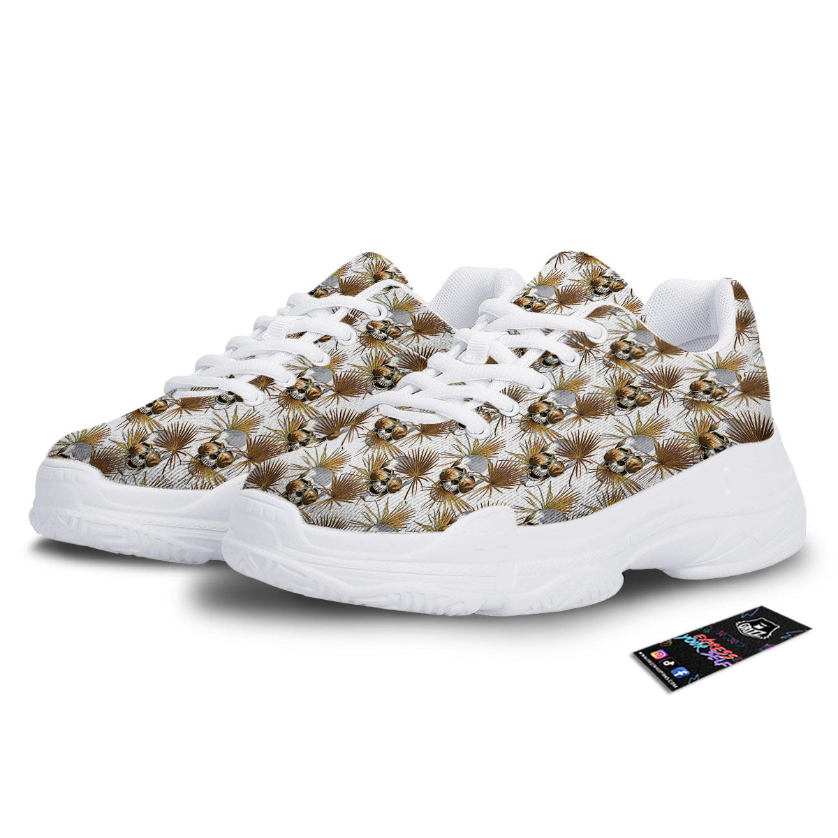 Skull Tropical Gold Print Pattern White Chunky Shoes-grizzshop