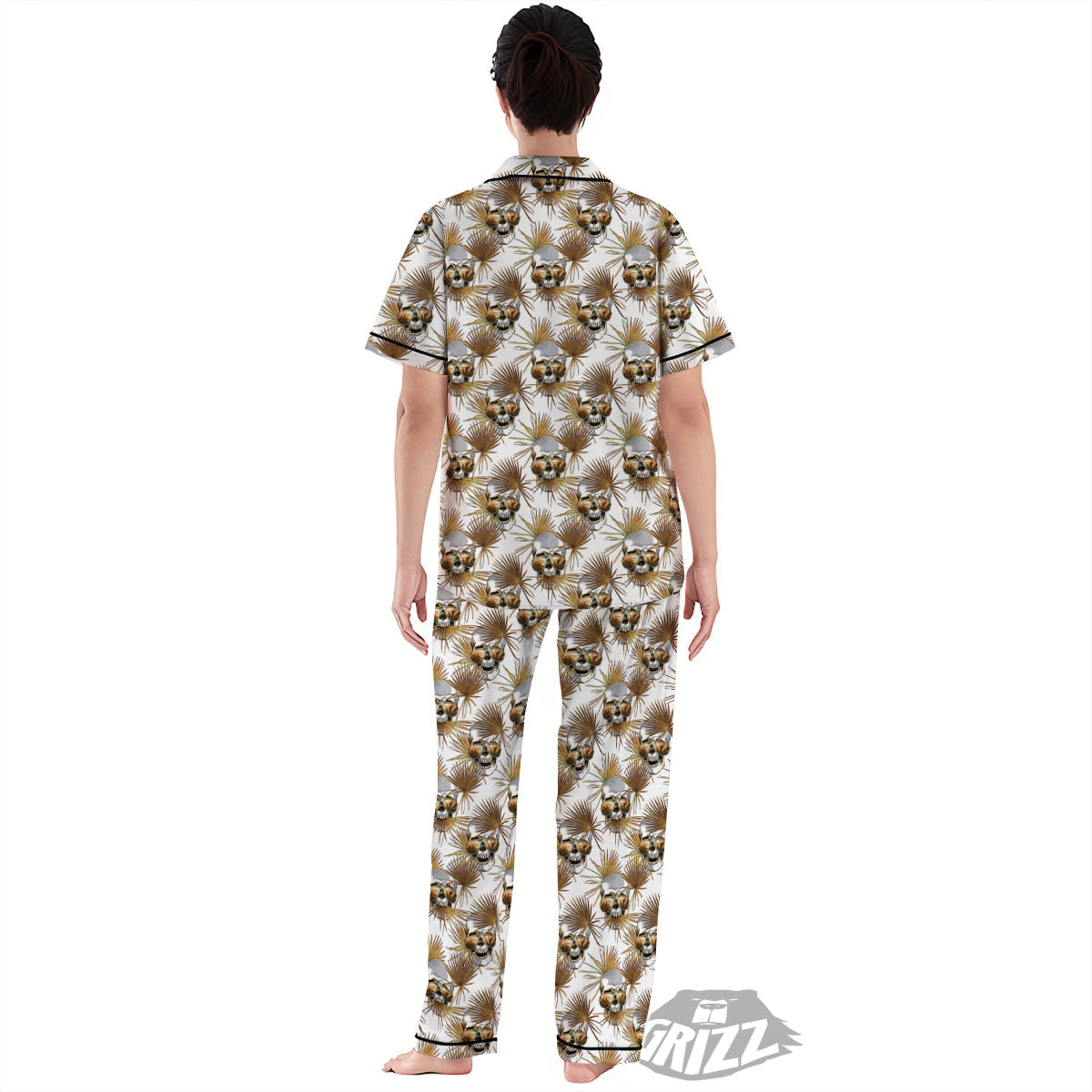 Skull Tropical Gold Print Pattern Women's Pajamas Set-grizzshop