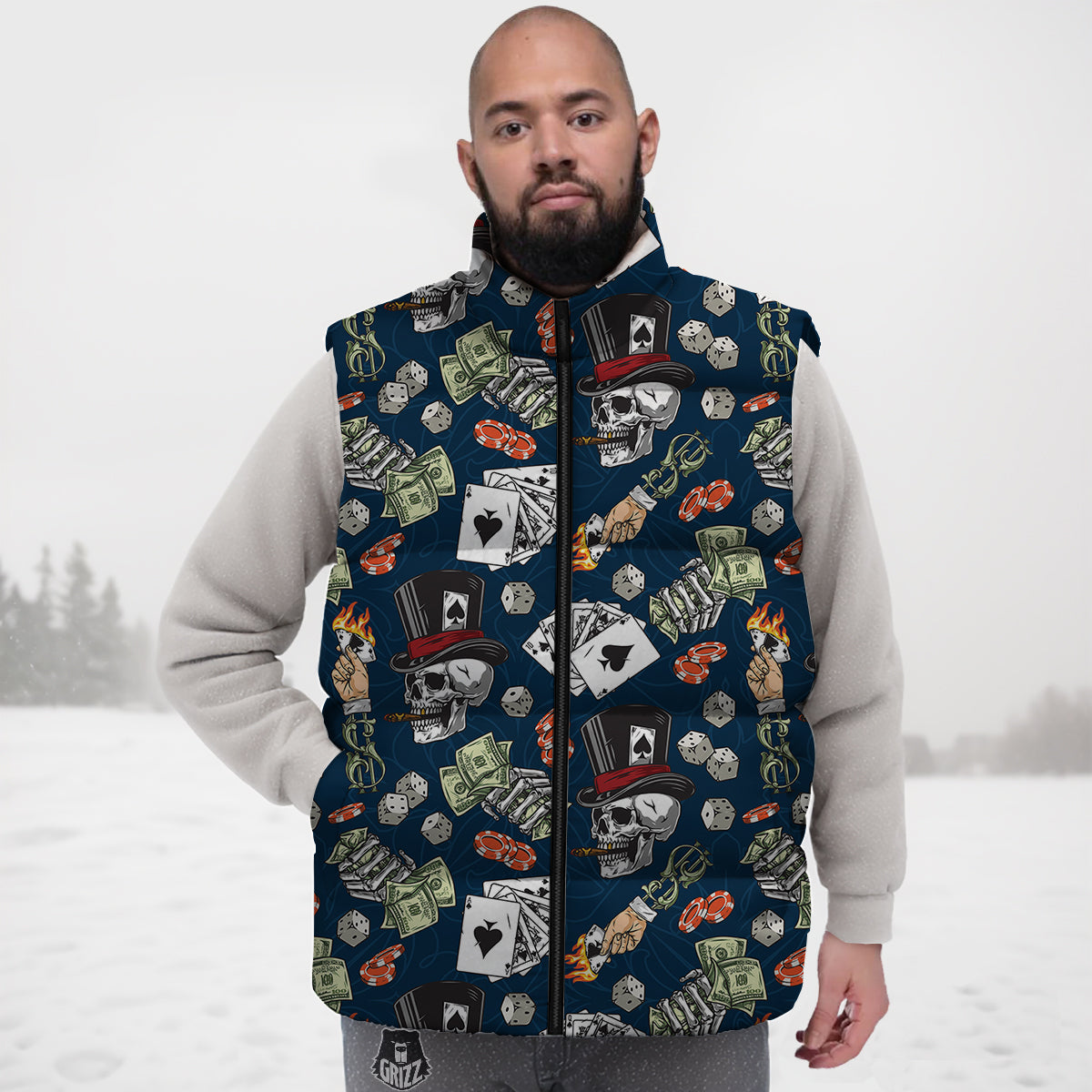 Skull Vintage Print Pattern Down Vest-grizzshop