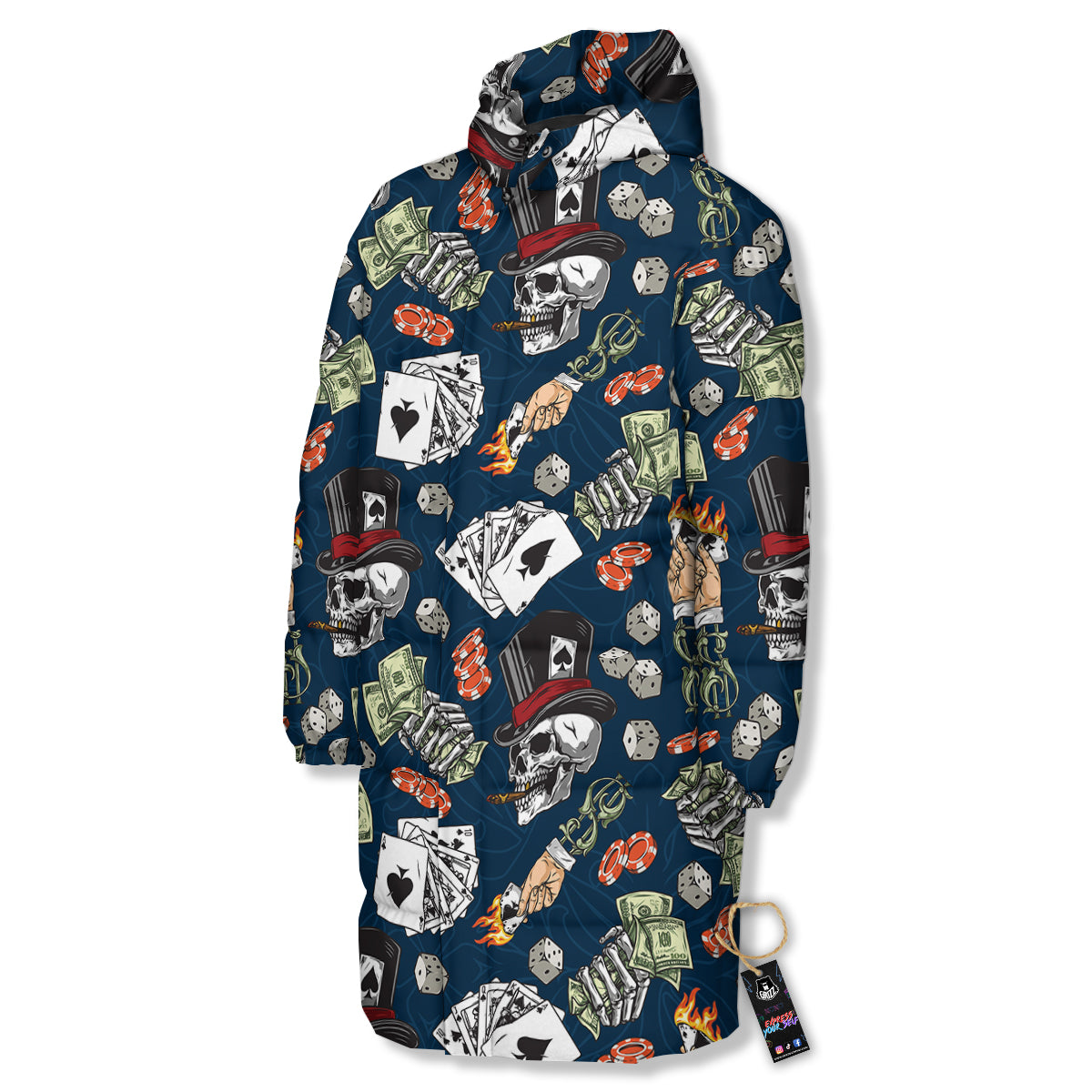 Skull Vintage Print Pattern Long Down Jacket-grizzshop