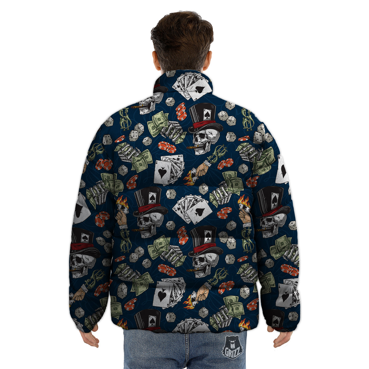Skull Vintage Print Pattern Puffer Jacket-grizzshop