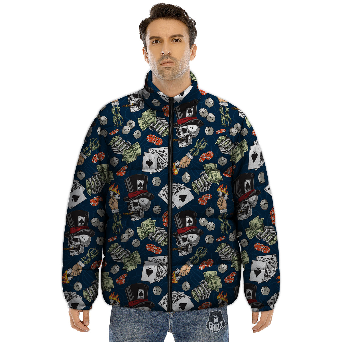 Skull Vintage Print Pattern Puffer Jacket-grizzshop