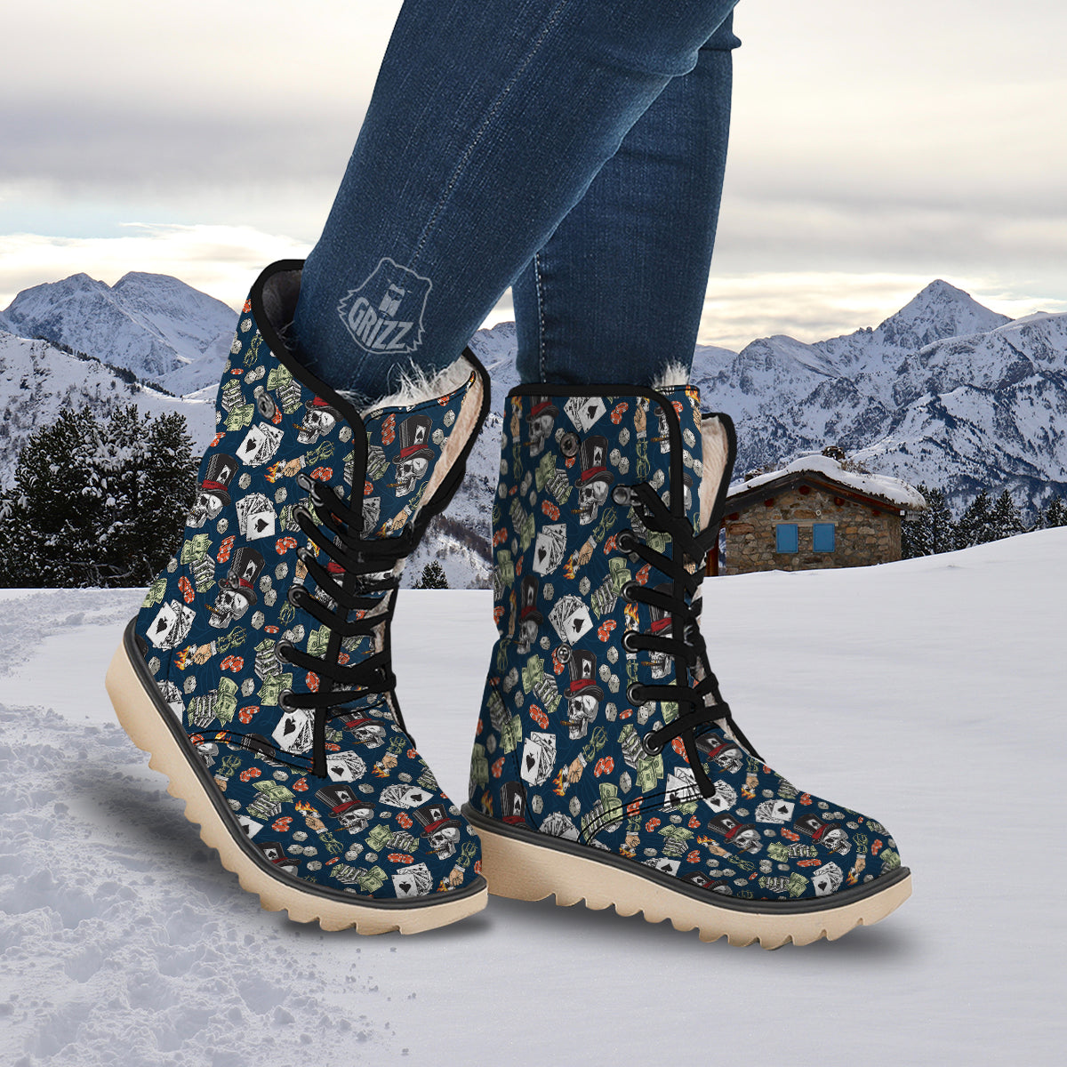 Skull Vintage Print Pattern Snow Boots-grizzshop