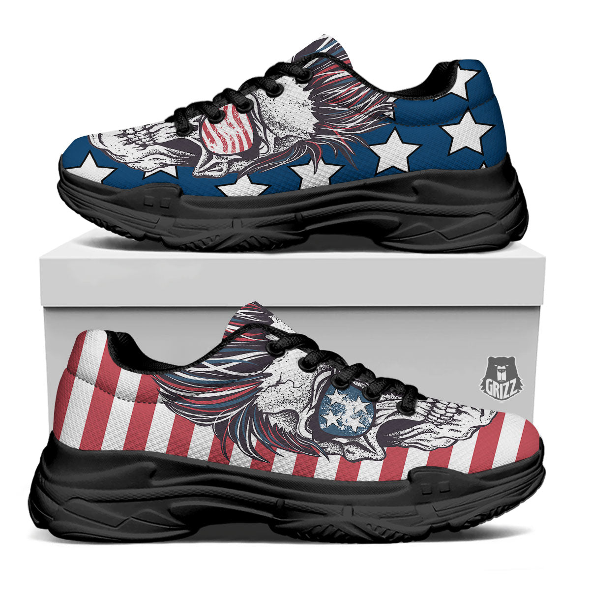 Skull With Sunglasses American Print Black Chunky Shoes-grizzshop