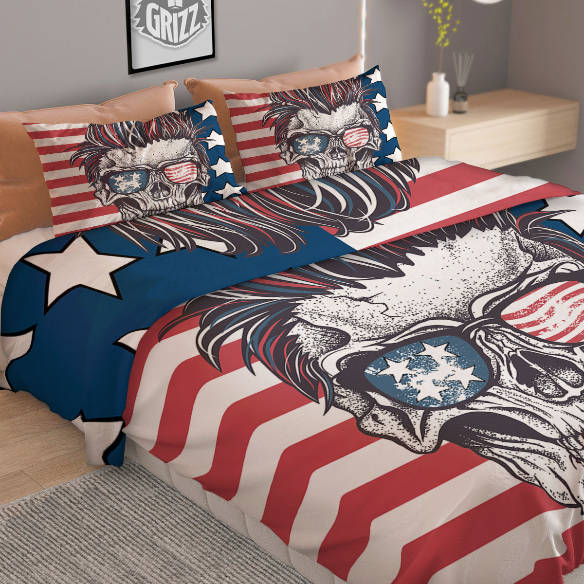 Skull With Sunglasses American Print Duvet Cover Bedding Set