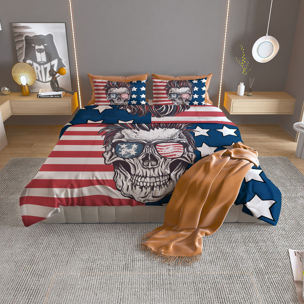 Skull With Sunglasses American Print Duvet Cover Bedding Set