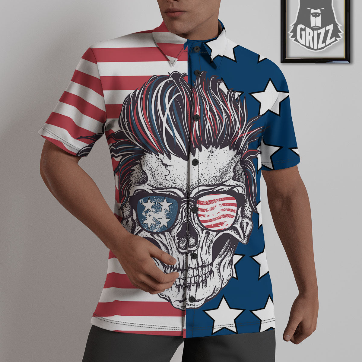 Skull With Sunglasses American Print Untucked Shirts-grizzshop