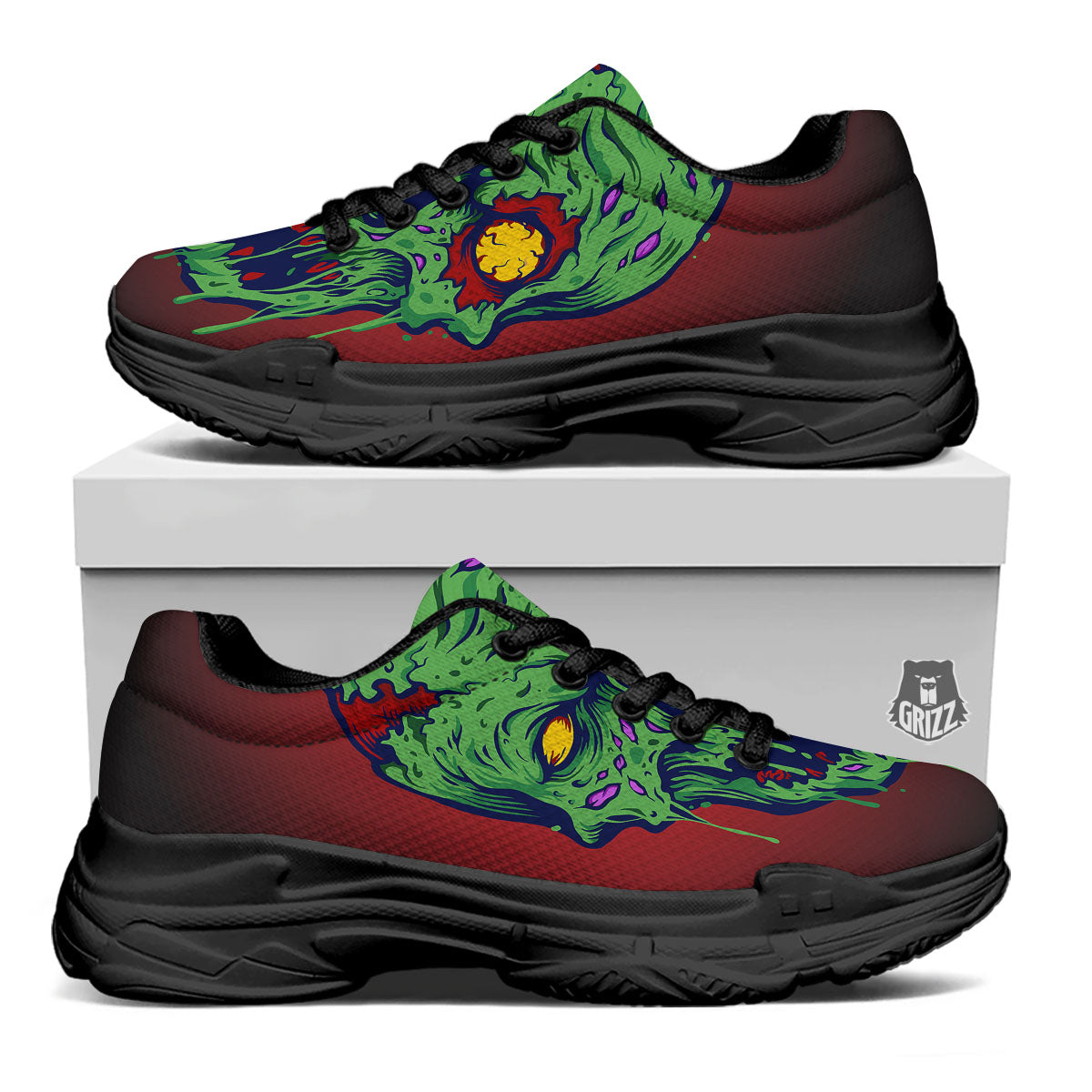 Skull Zombie Scary Horror Print Black Chunky Shoes-grizzshop