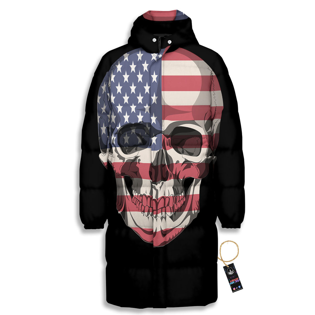 Skull American Flag Print Long Down Jacket