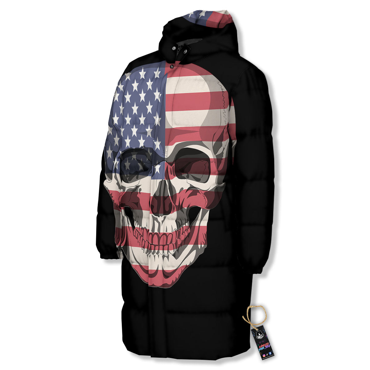 Skull American Flag Print Long Down Jacket