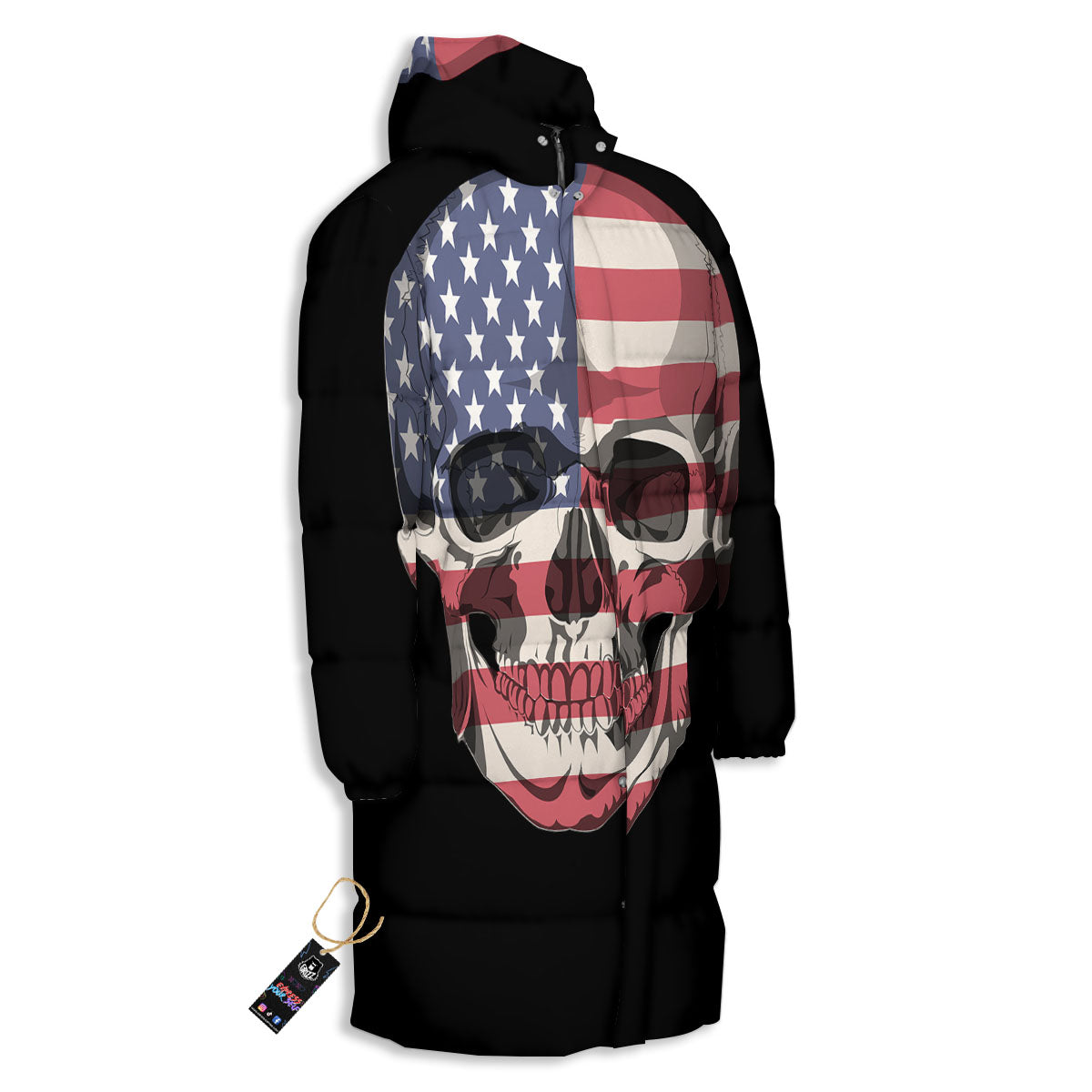 Skull American Flag Print Long Down Jacket