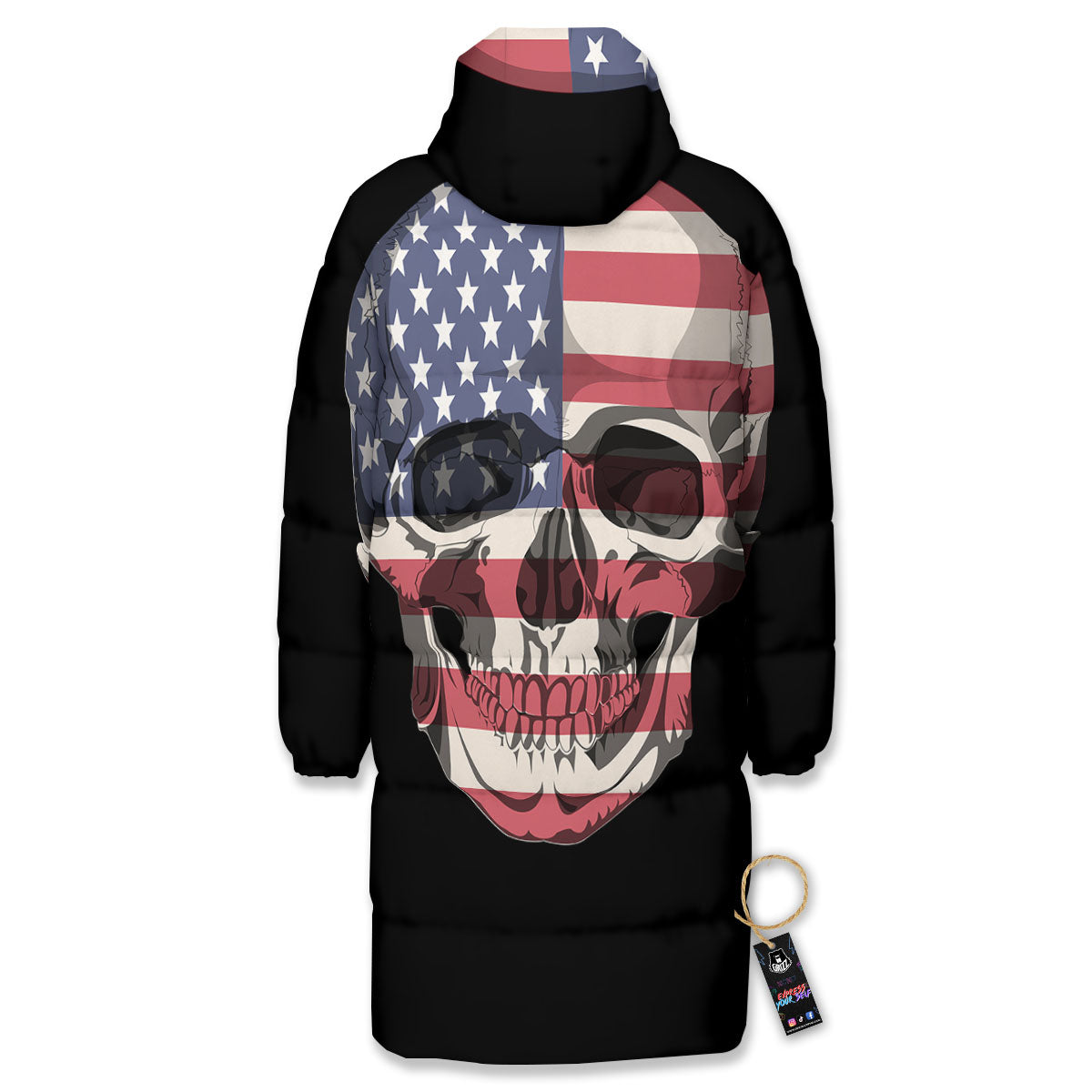 Skull American Flag Print Long Down Jacket