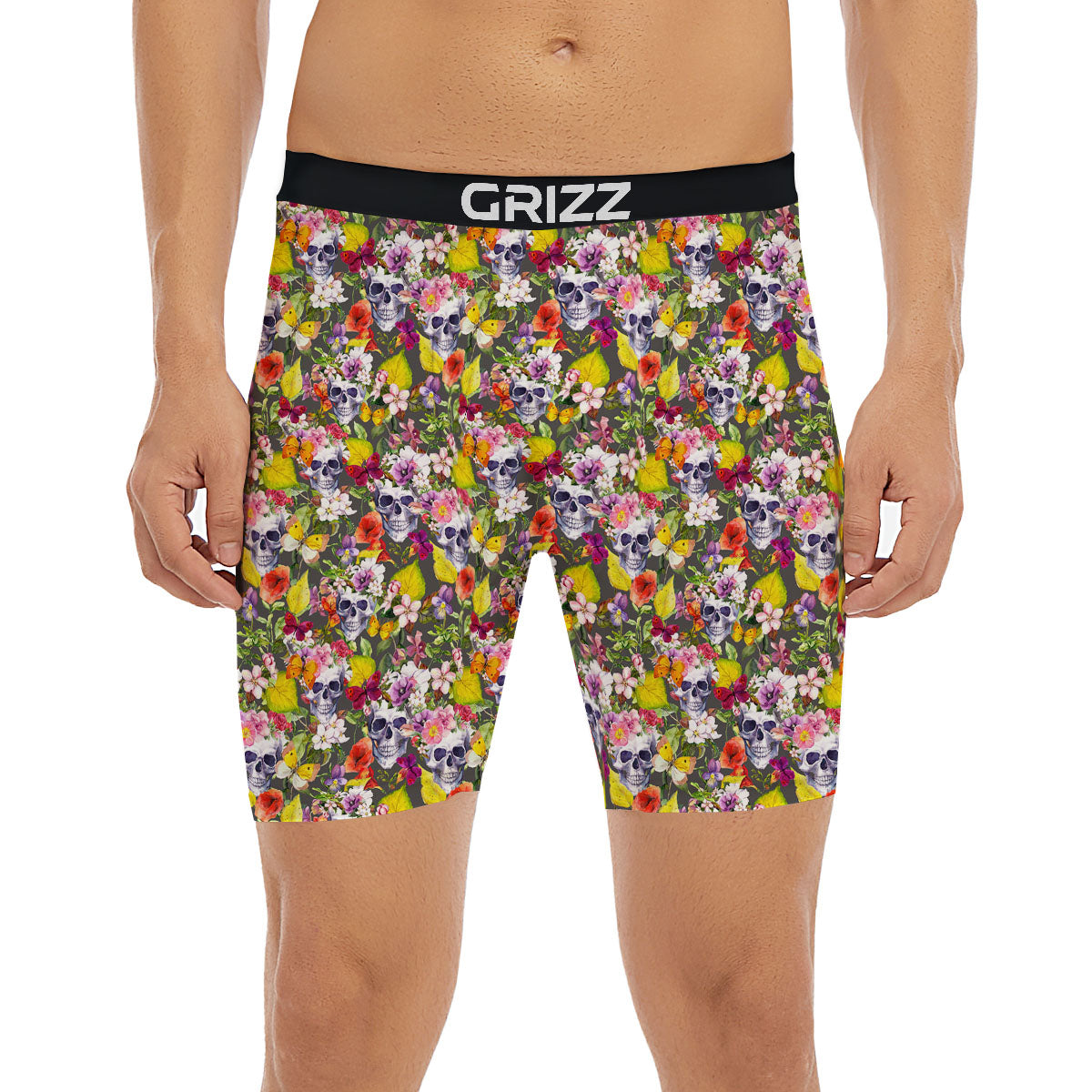 Skull Blossom Flowers Print Pattern Boxer Briefs