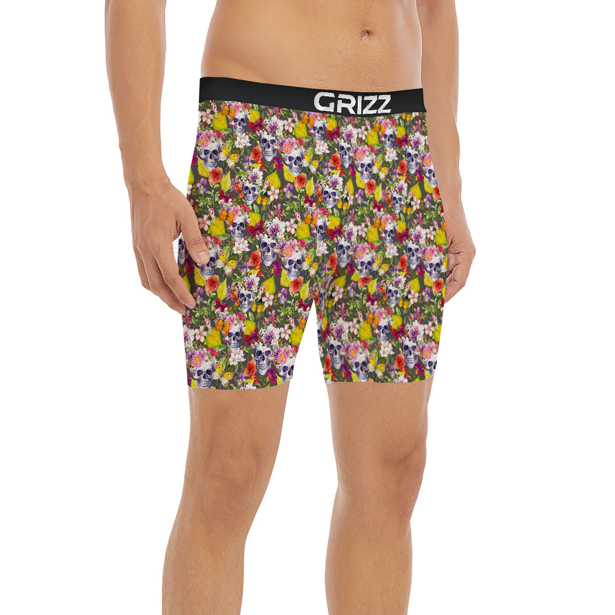 Skull Blossom Flowers Print Pattern Boxer Briefs