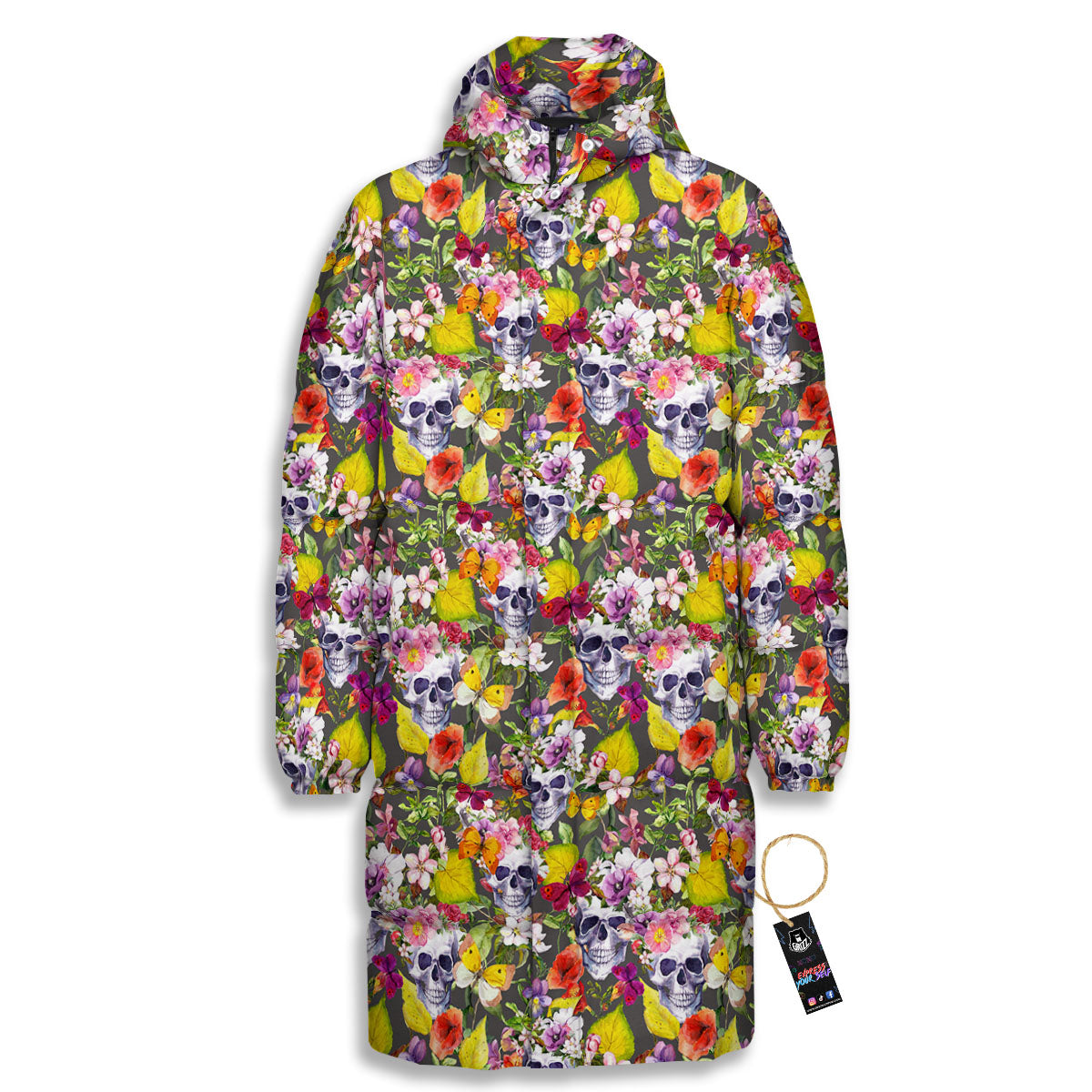 Skull Blossom Flowers Print Pattern Long Down Jacket