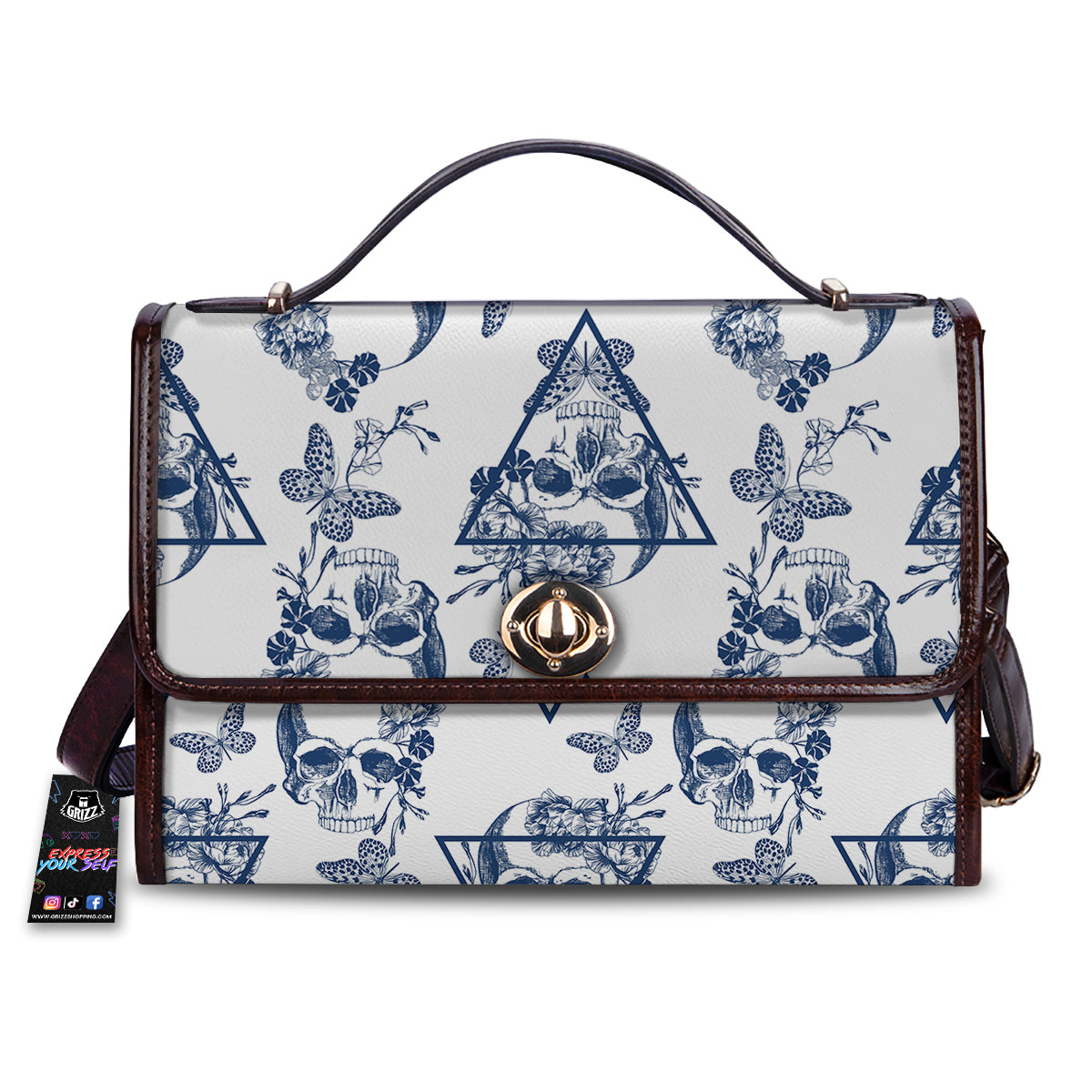 Skull Floral White And Blue Print Pattern Women's Satchel Bag